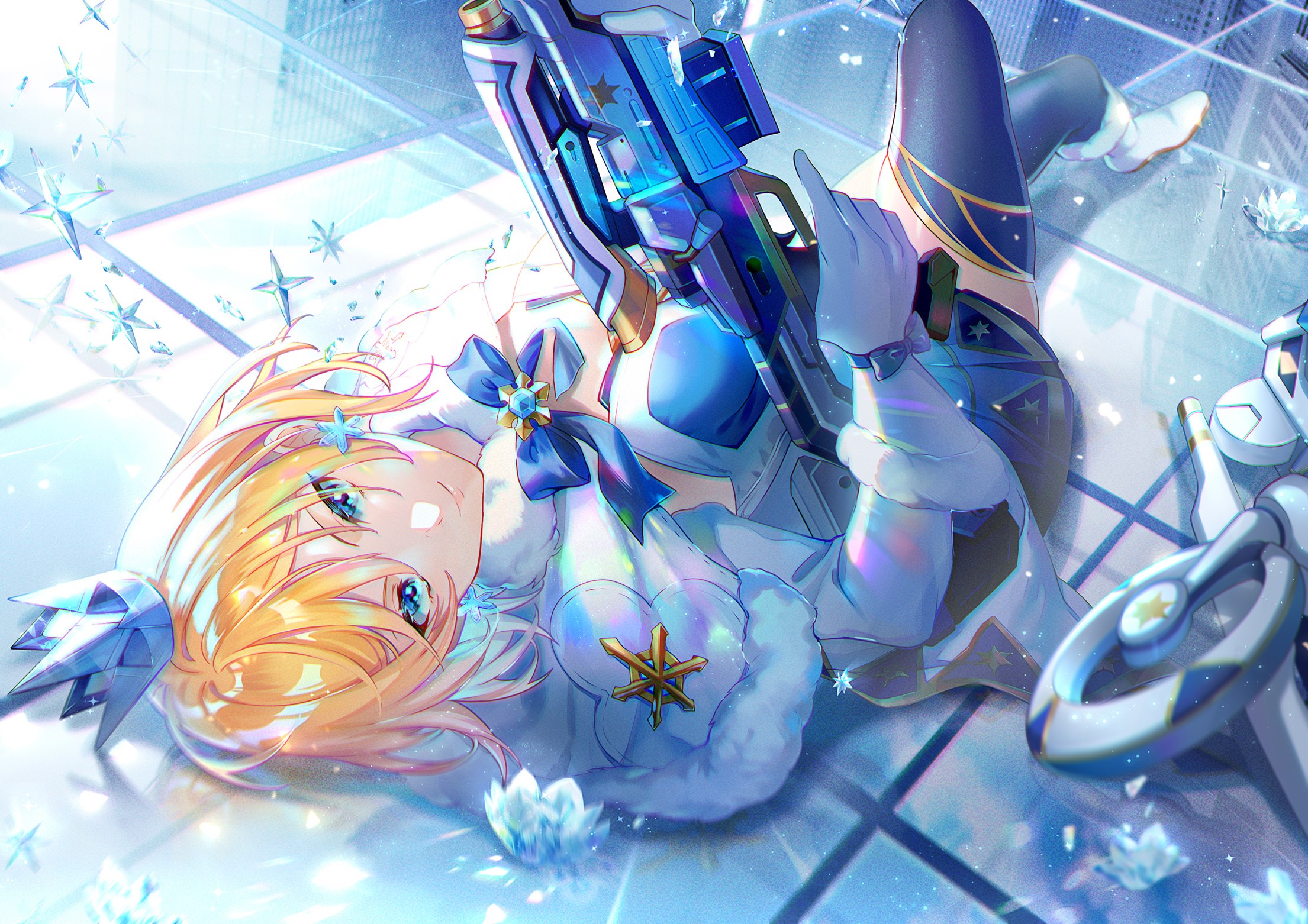 Anime girl with blonde hair holding a futuristic gun HD Wallpaper