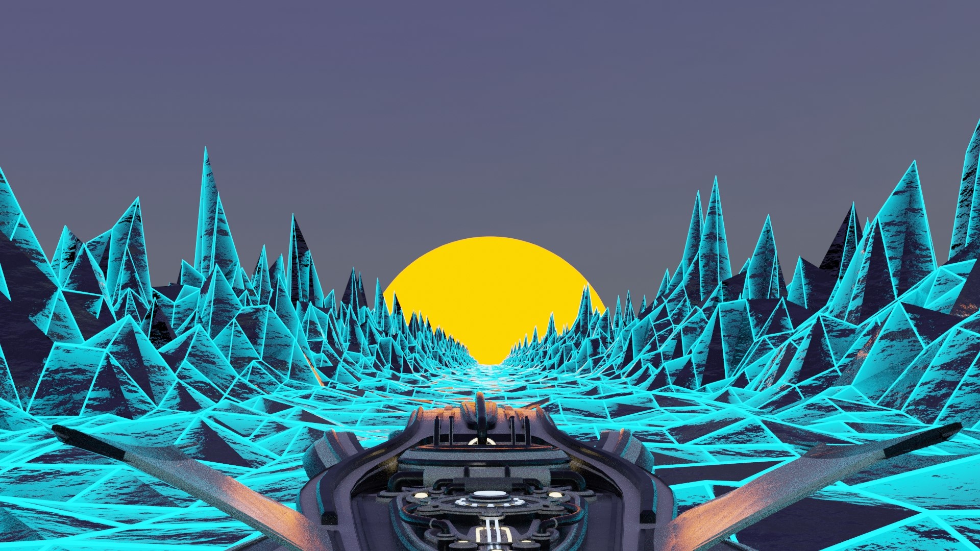 Futuristic vehicle traveling through neon landscape with sun HD Wallpaper