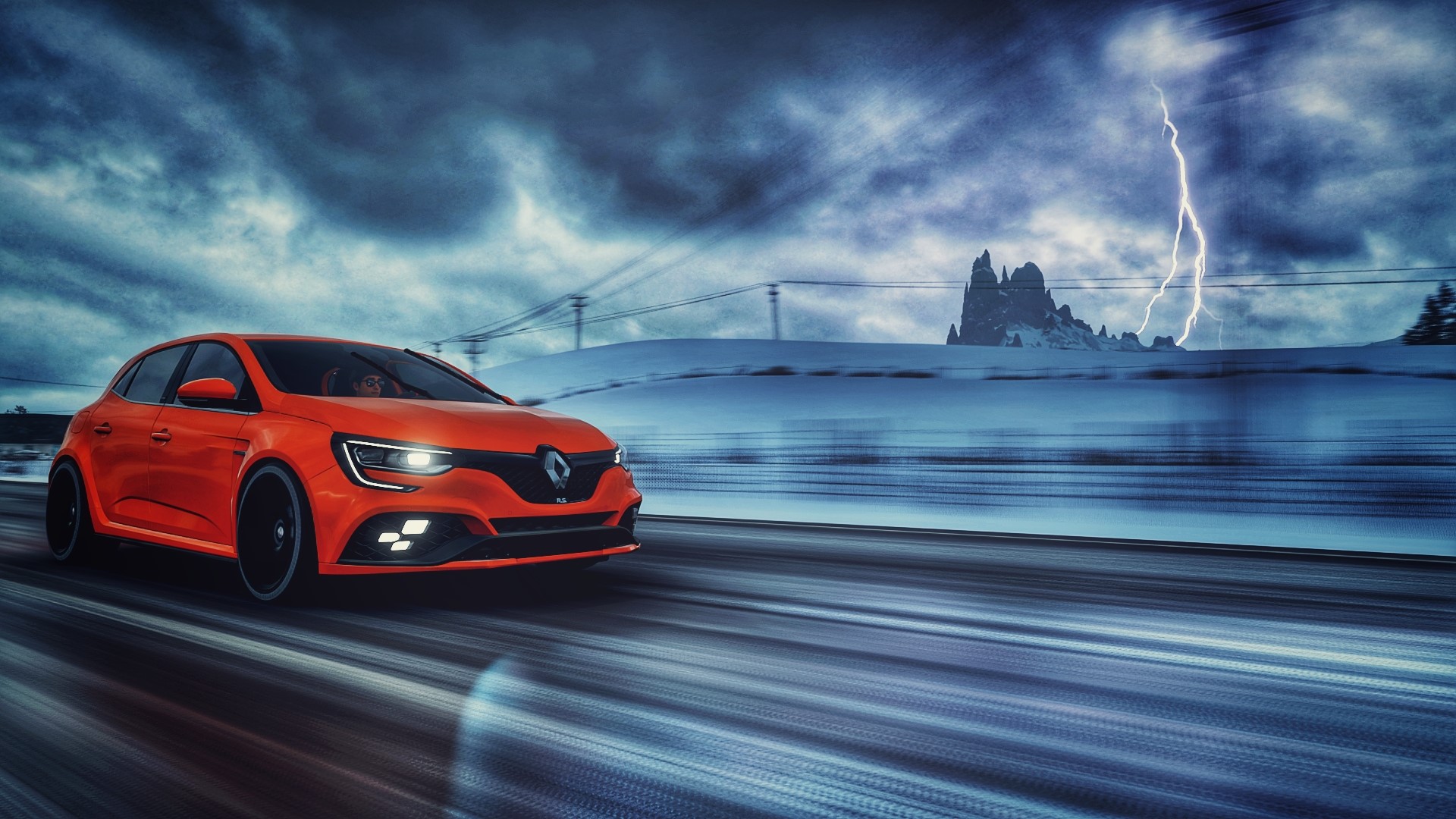 Orange Renault Megane RS driving in stormy weather HD Wallpaper