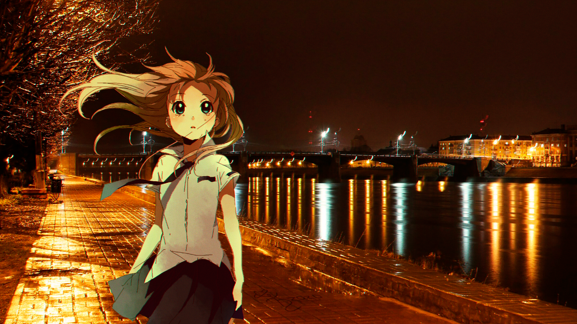Anime girl on a promenade at night by a river HD Wallpaper