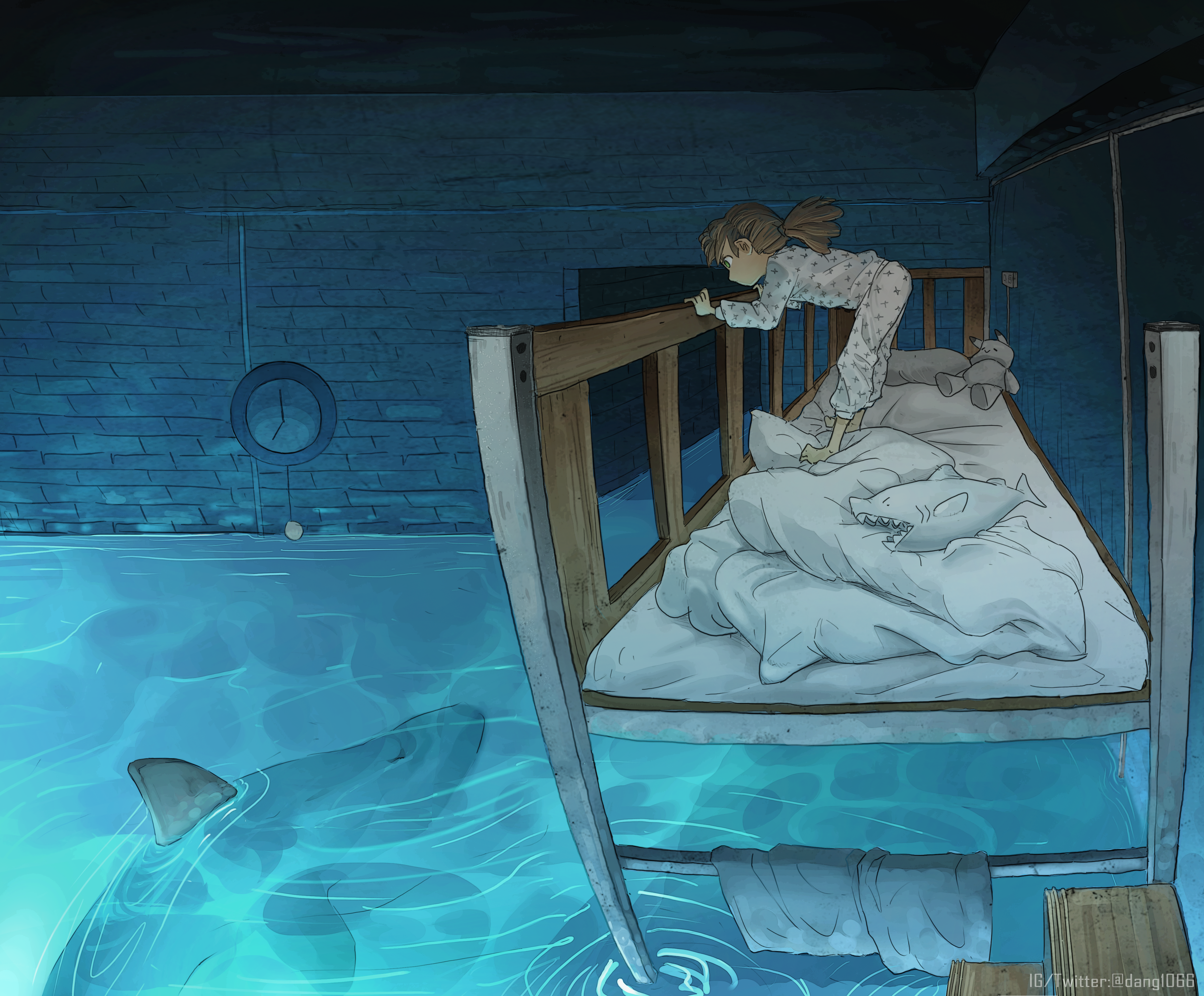 Girl in pajamas looking at sharks from a bed above water HD Wallpaper