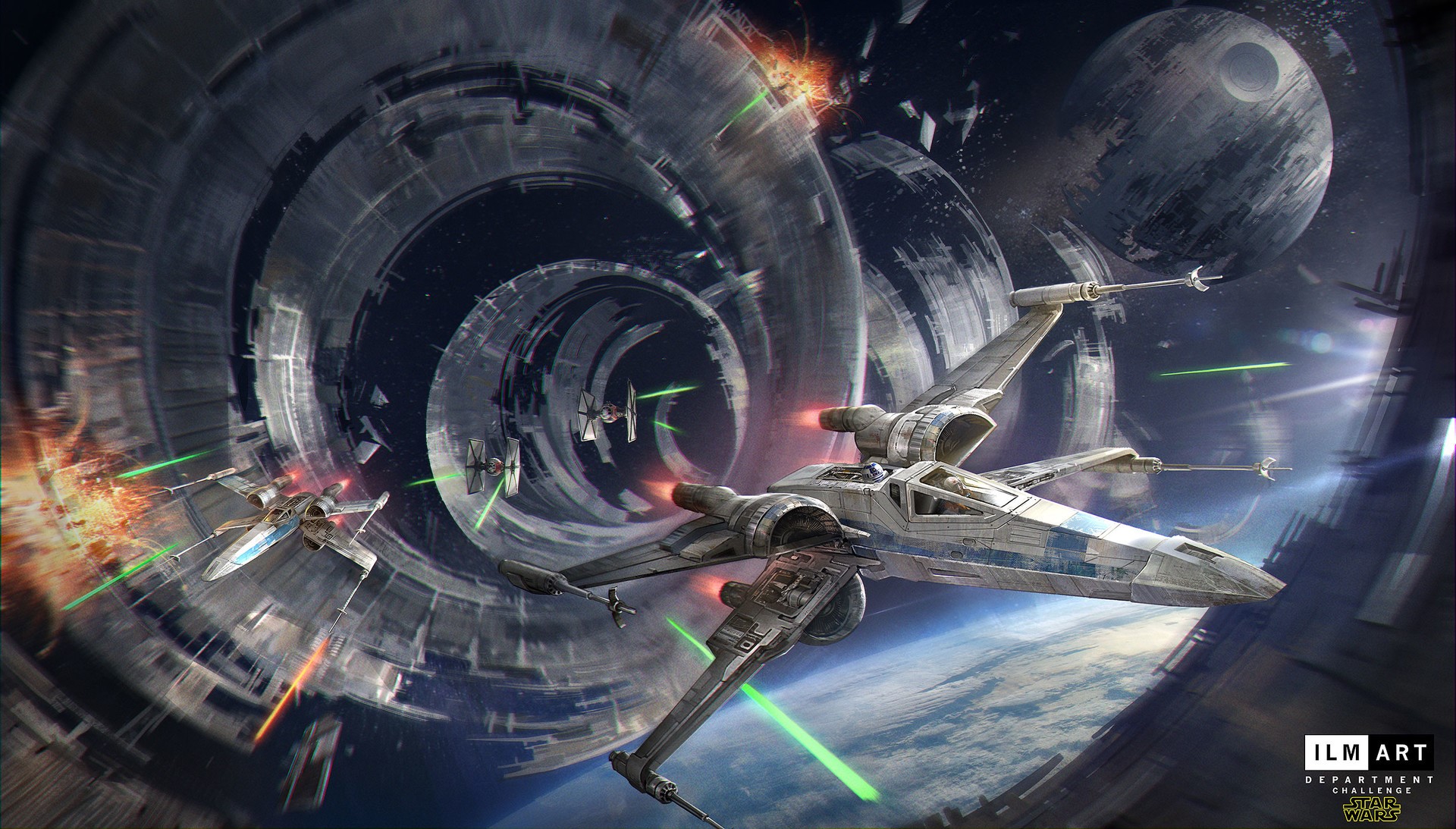 Star Wars X-wing and TIE Fighters dogfight near Death Star HD Wallpaper