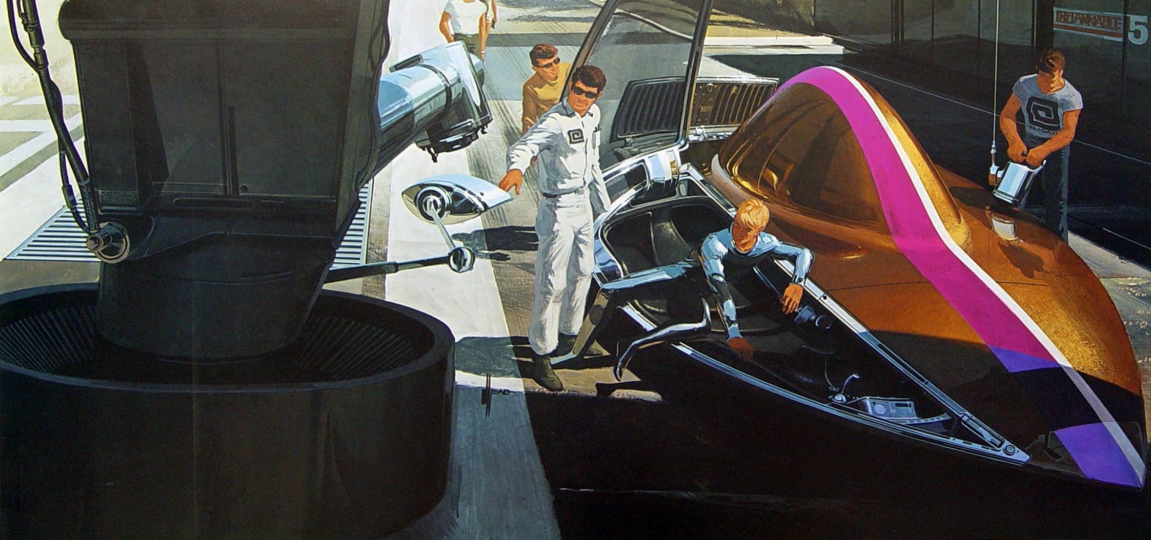Syd Mead artwork of futuristic Ford vehicle maintenance HD Wallpaper