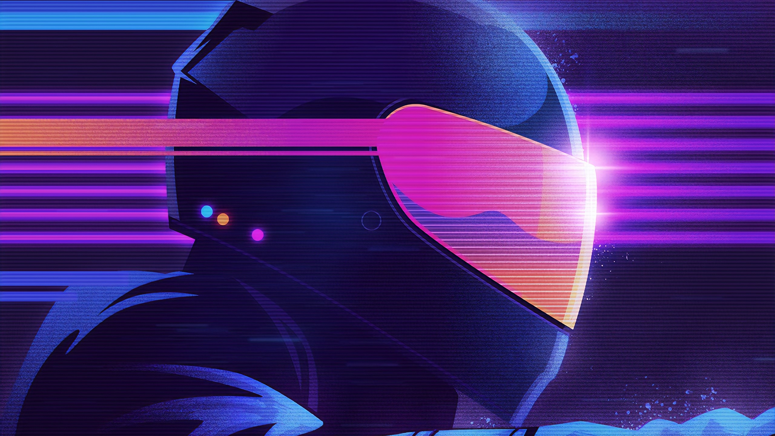 Synthwave artwork of a person in a helmet with neon lights HD Wallpaper