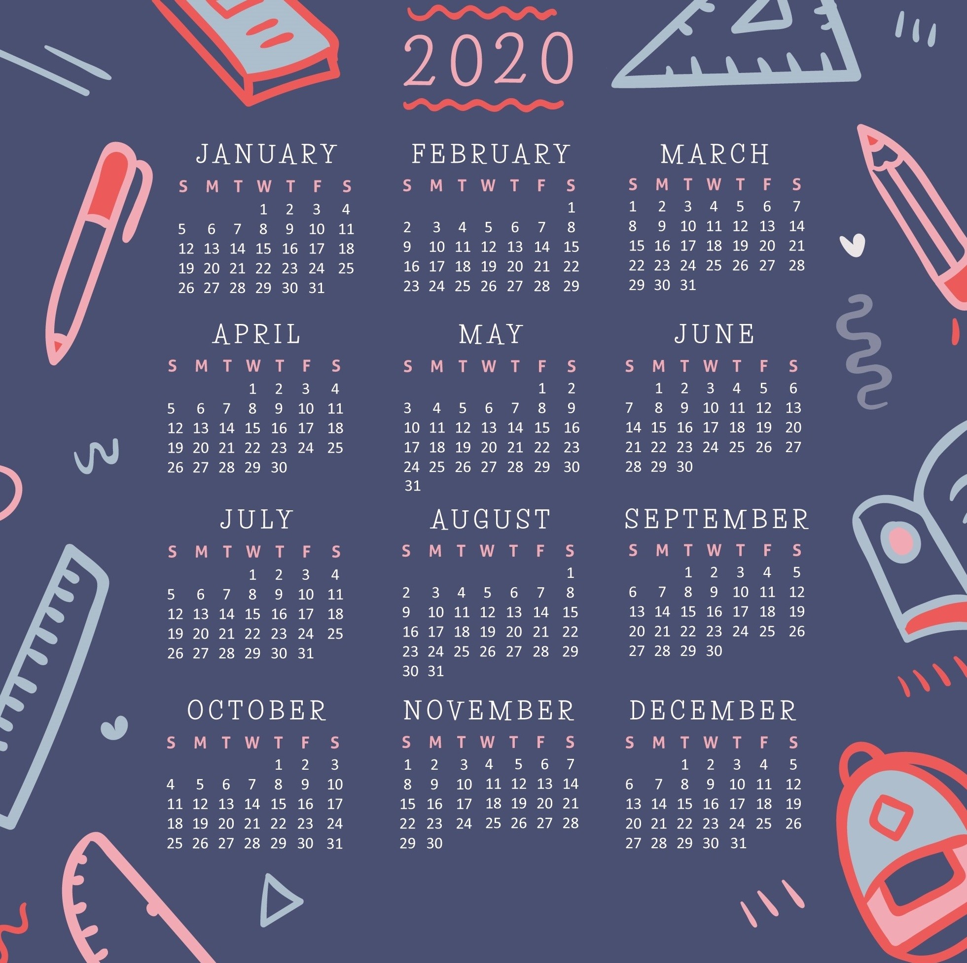 2020 Calendar with School Supplies HD Wallpaper