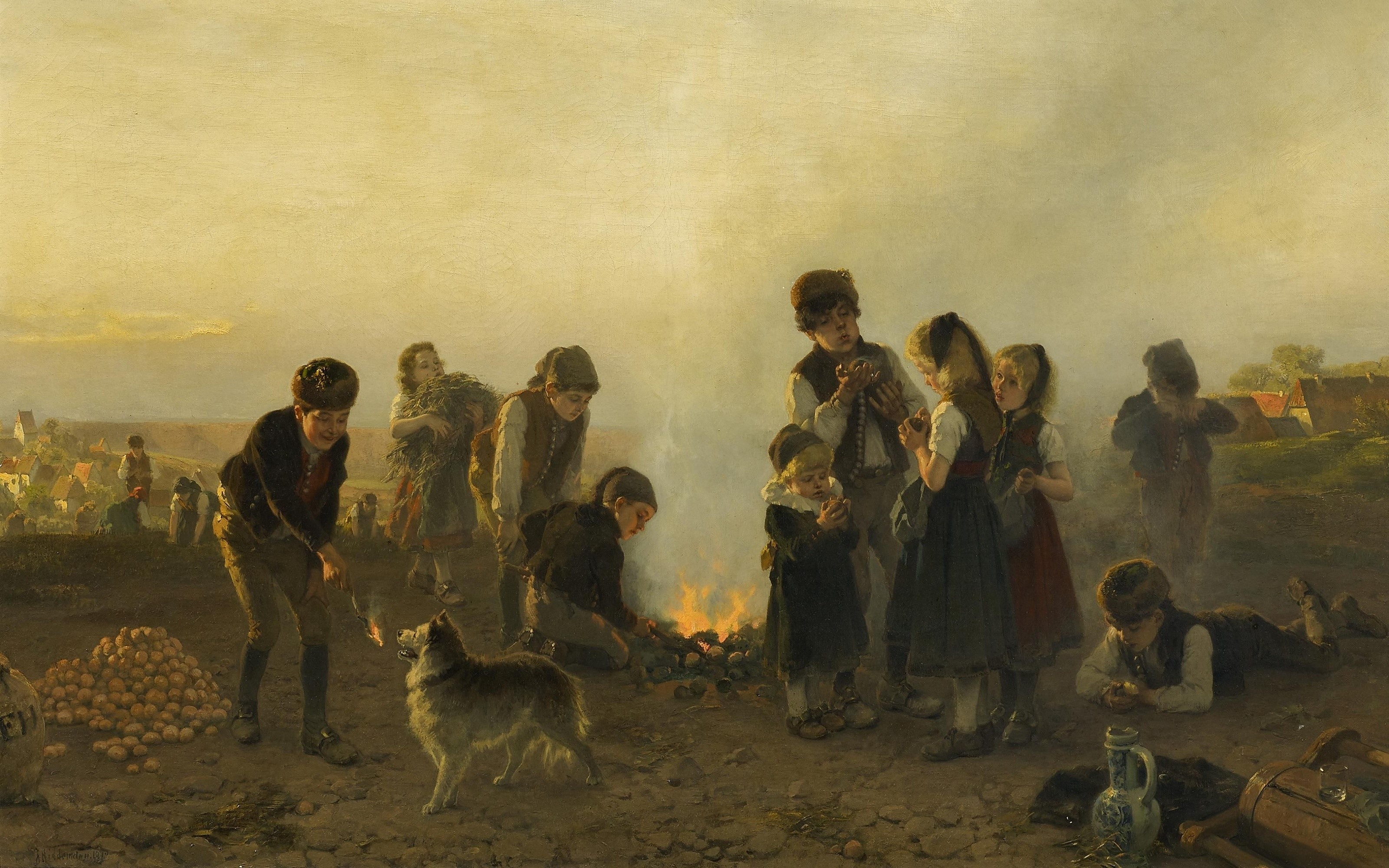 Children Roasting Potatoes Over a Fire by Friedrich Hiddemann HD Wallpaper