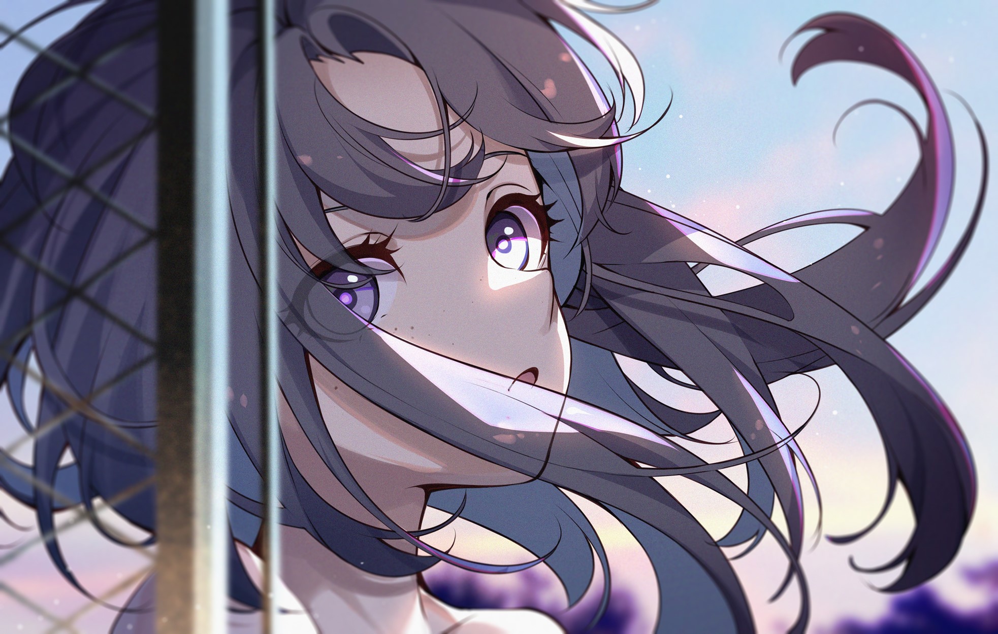 Anime girl with purple eyes and dark hair HD Wallpaper