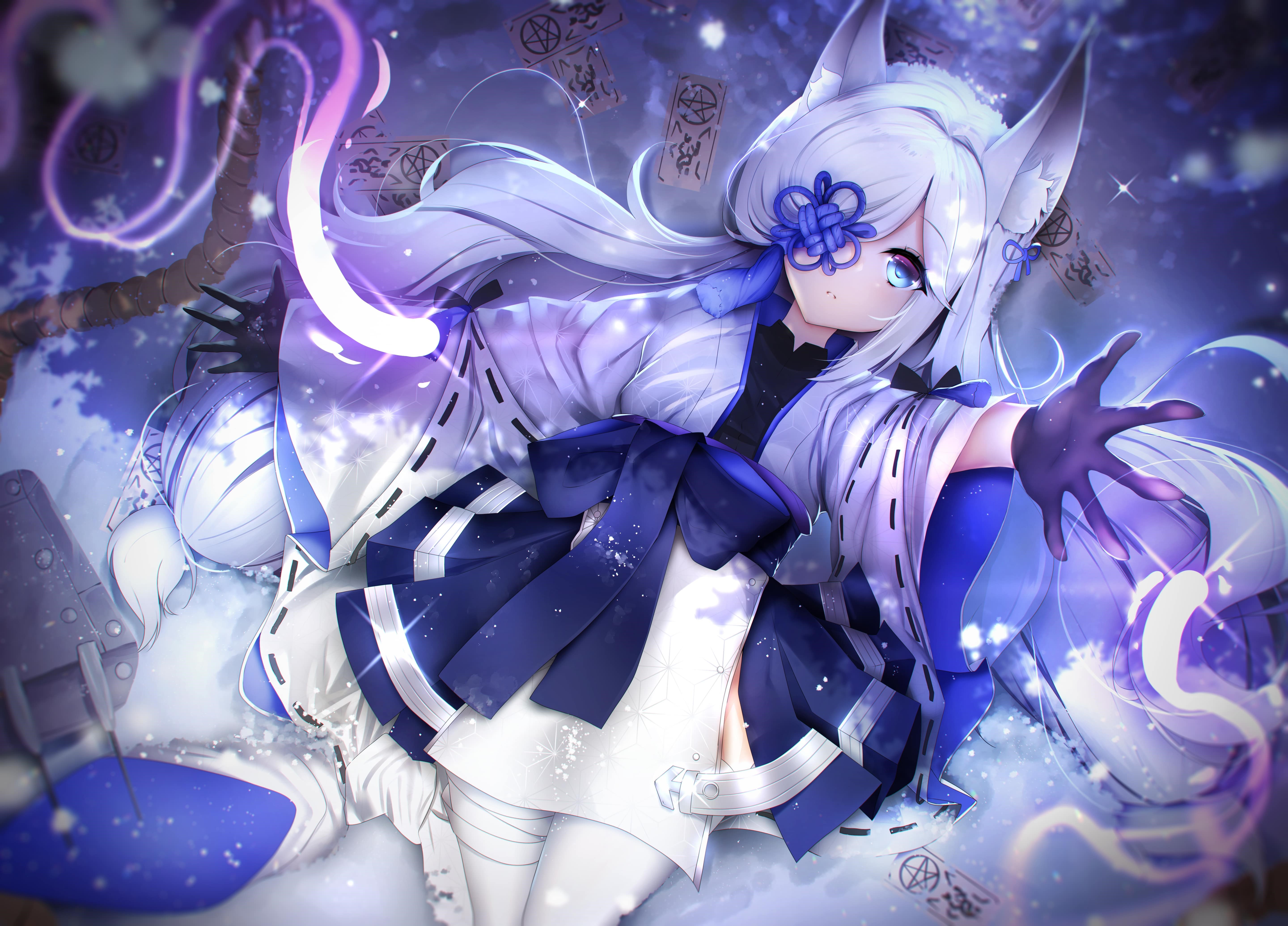 Anime girl with fox ears and white hair HD Wallpaper