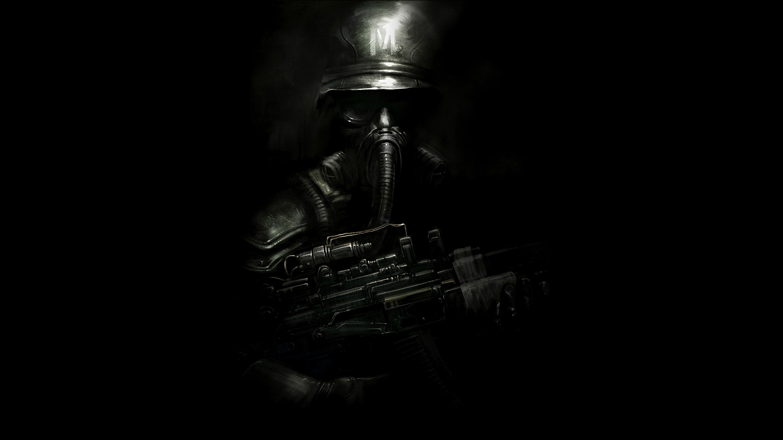 Soldier with gas mask and weapon in dark setting HD Wallpaper
