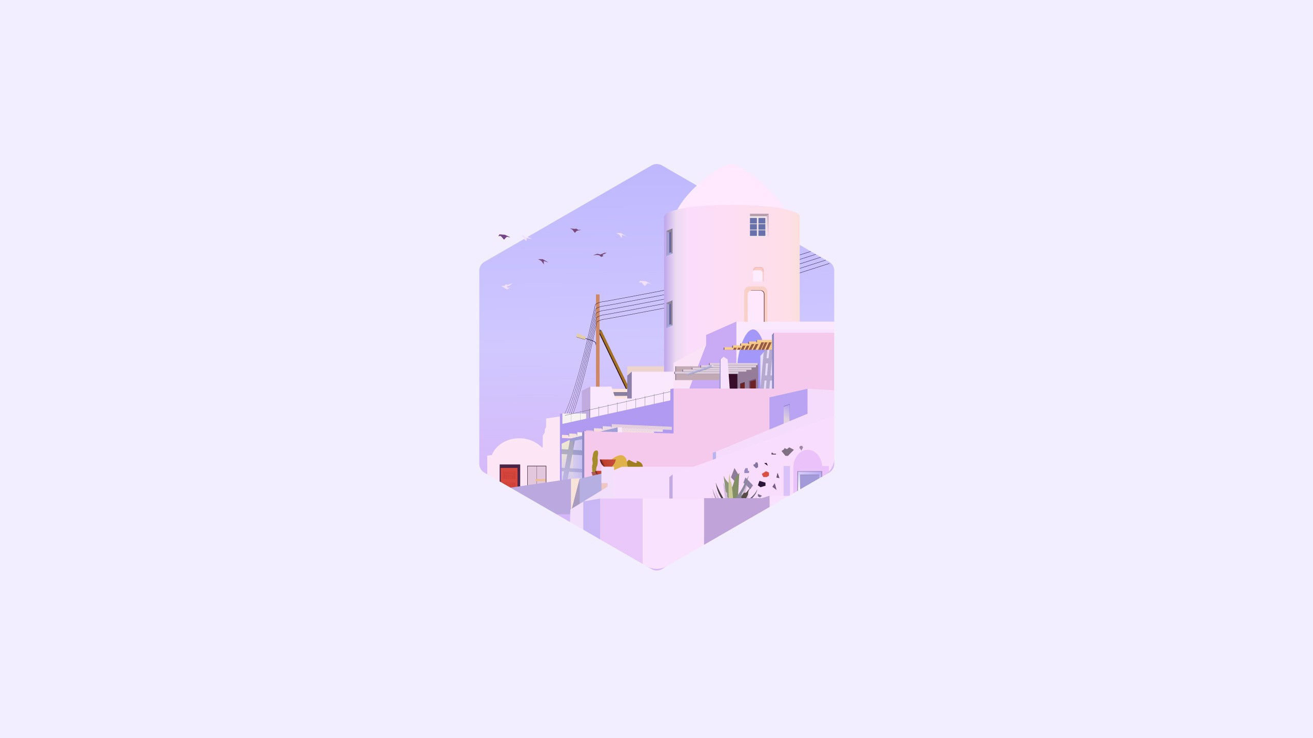 Illustration of a Greek village with a windmill HD Wallpaper