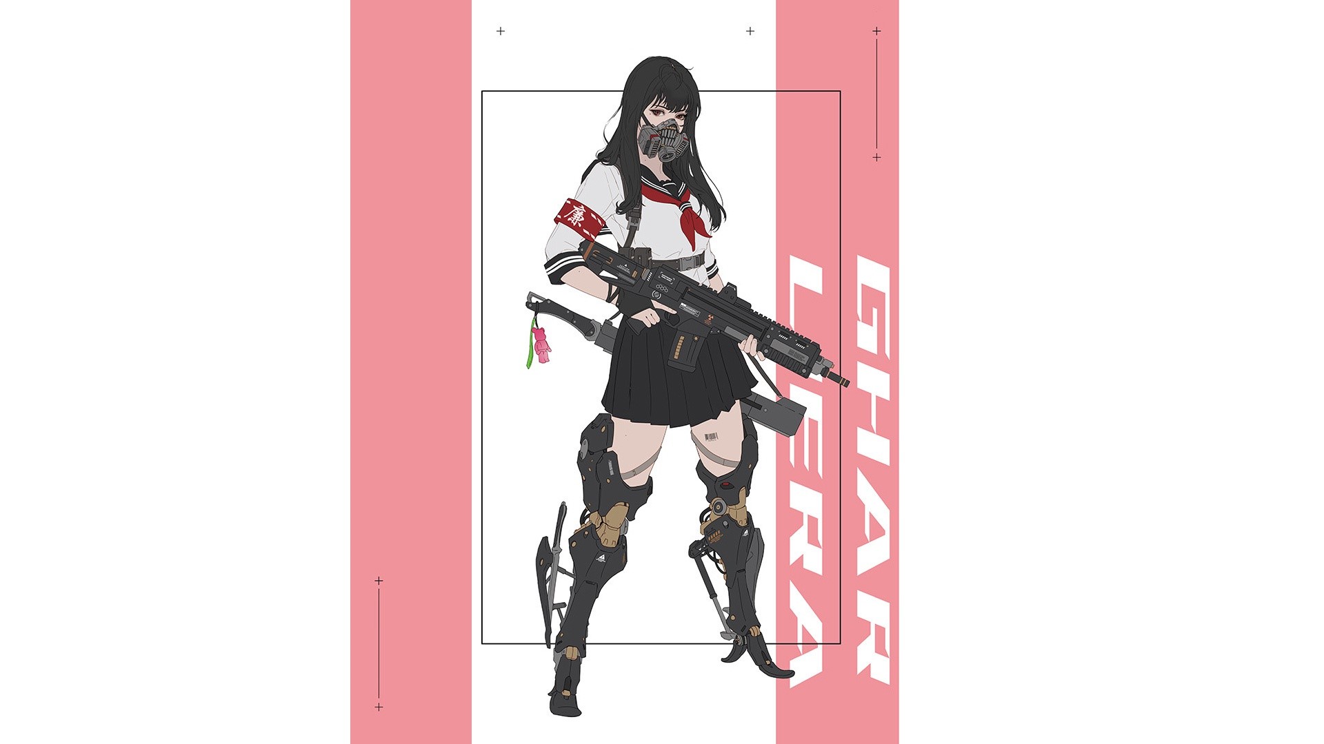 Anime girl with gas mask and machine gun HD Wallpaper