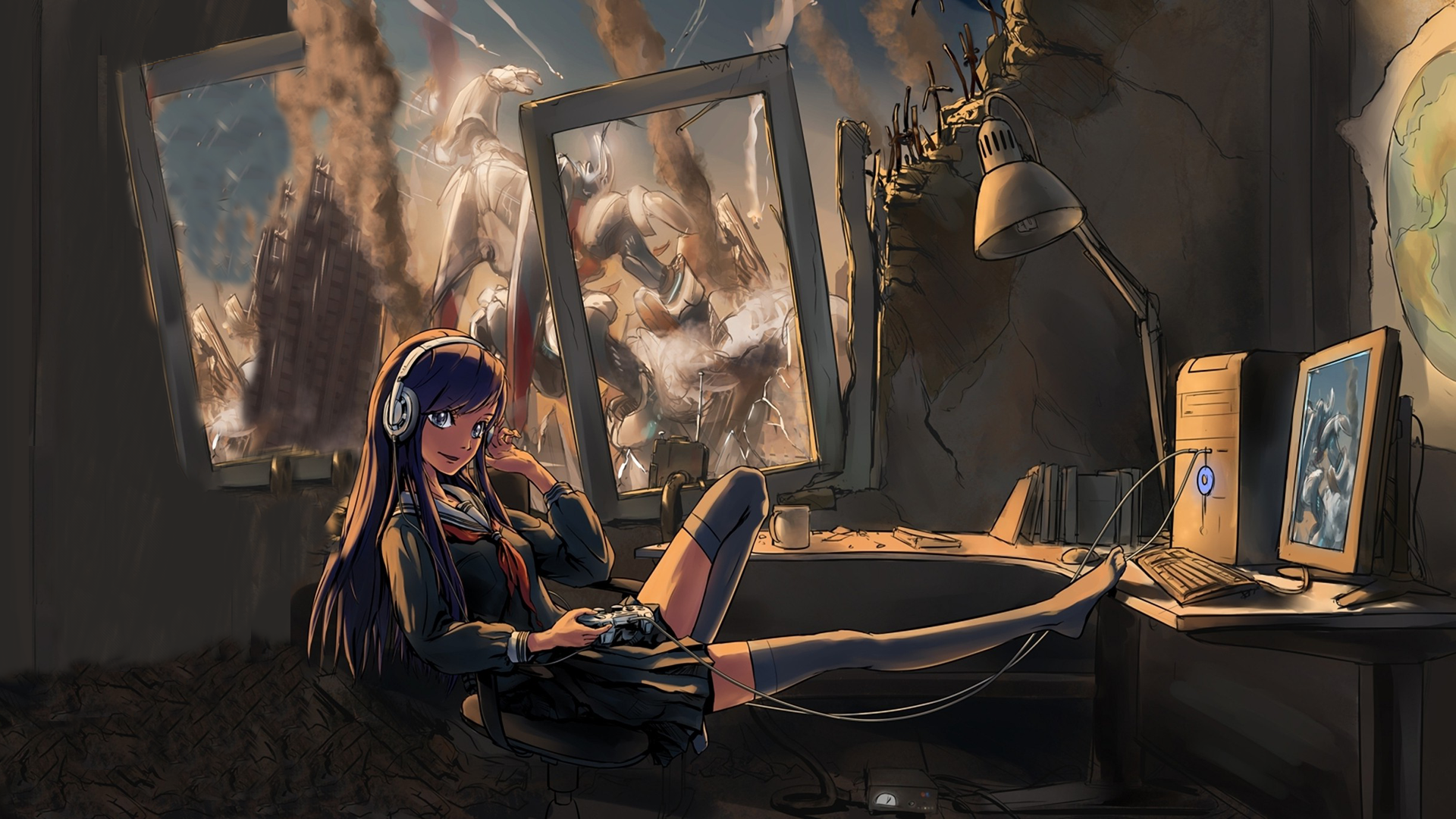 Anime girl with headphones playing video games in ruins HD Wallpaper