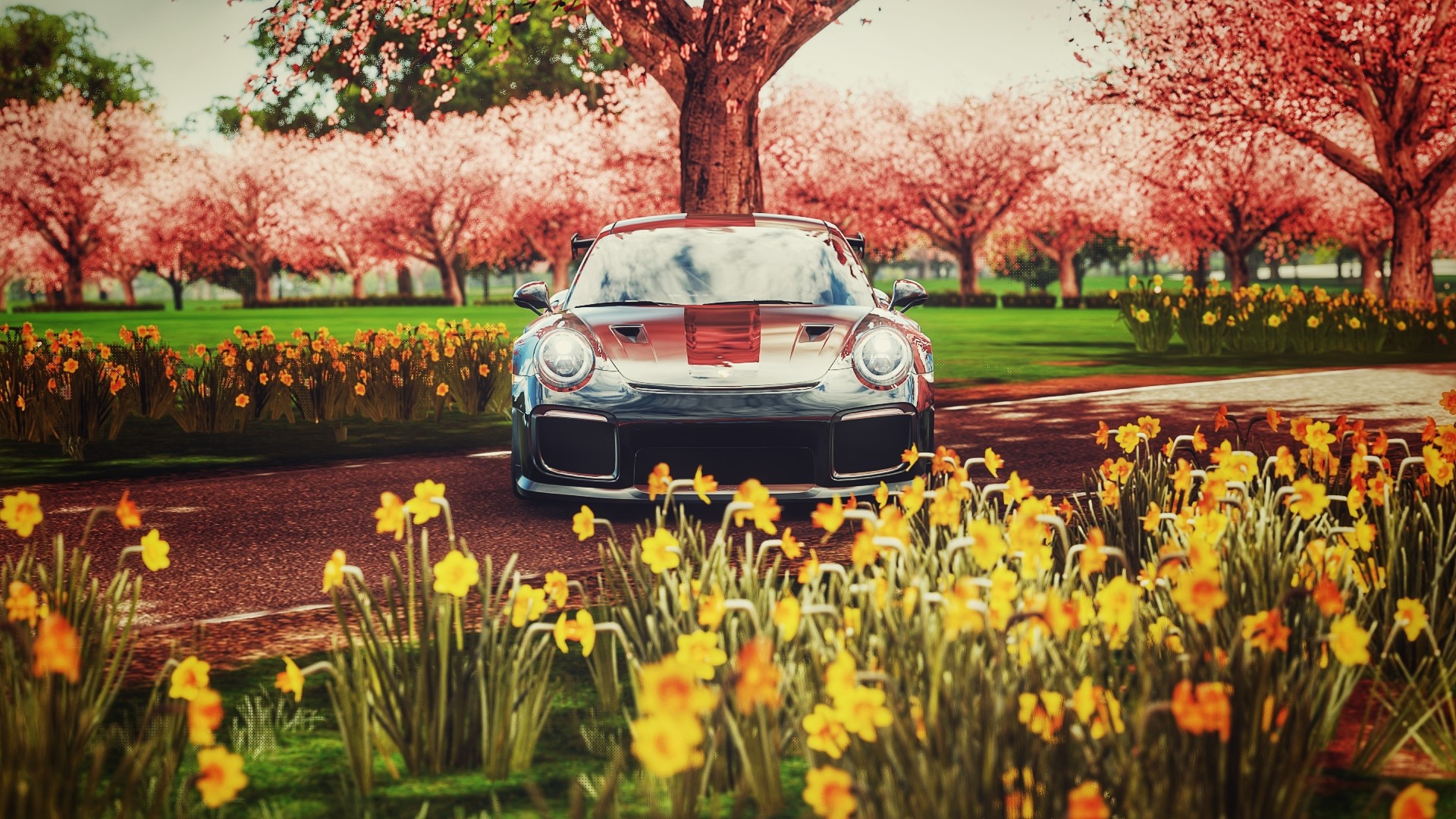 Porsche 911 GT2 RS in Forza Horizon 4 with flowers HD Wallpaper