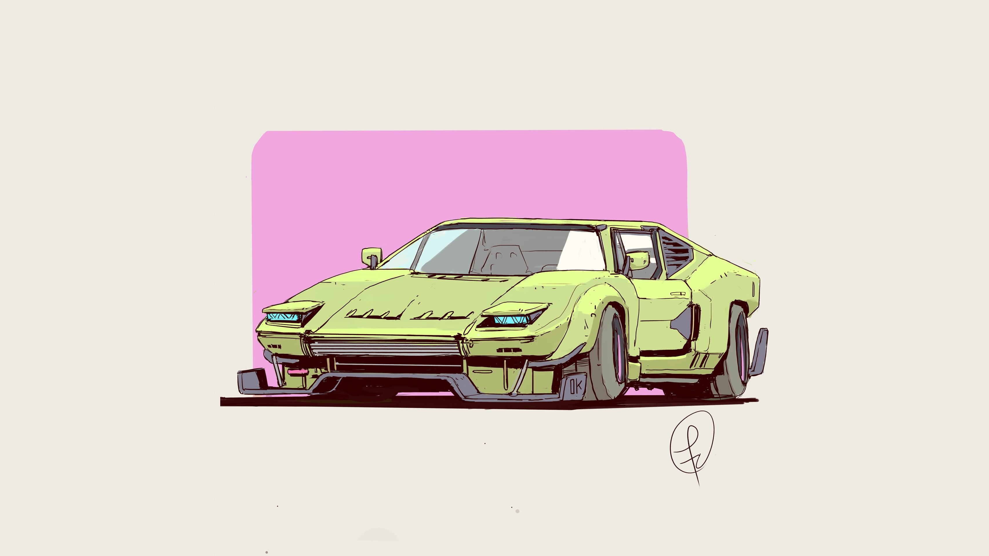 Cyberpunk concept art of a lime green custom car HD Wallpaper