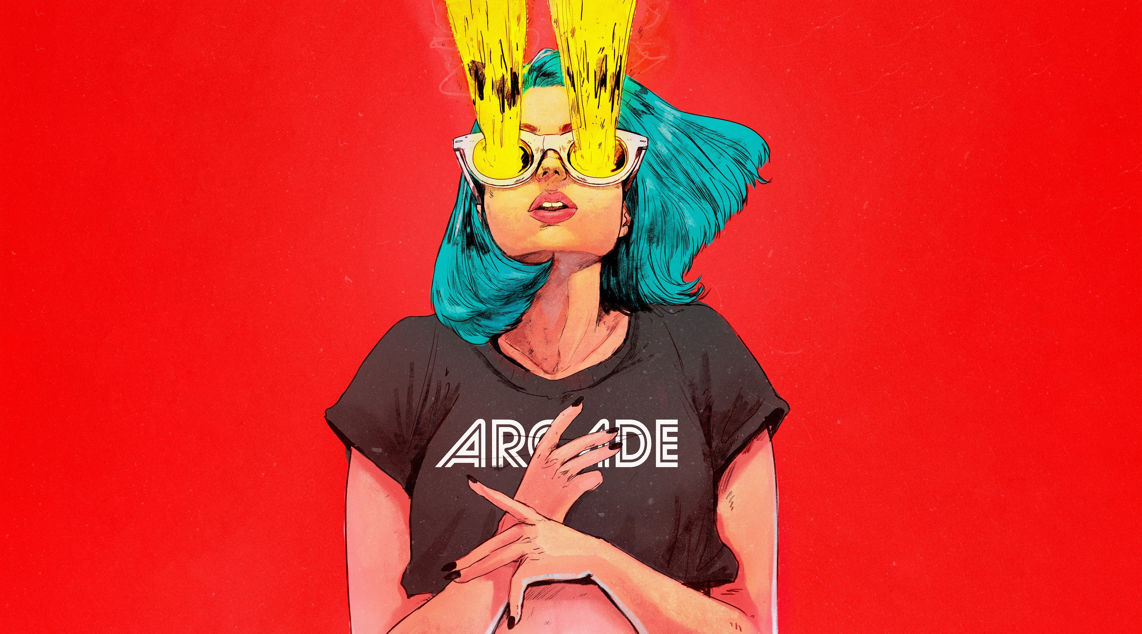 Artwork of a woman with teal hair and sunglasses HD Wallpaper