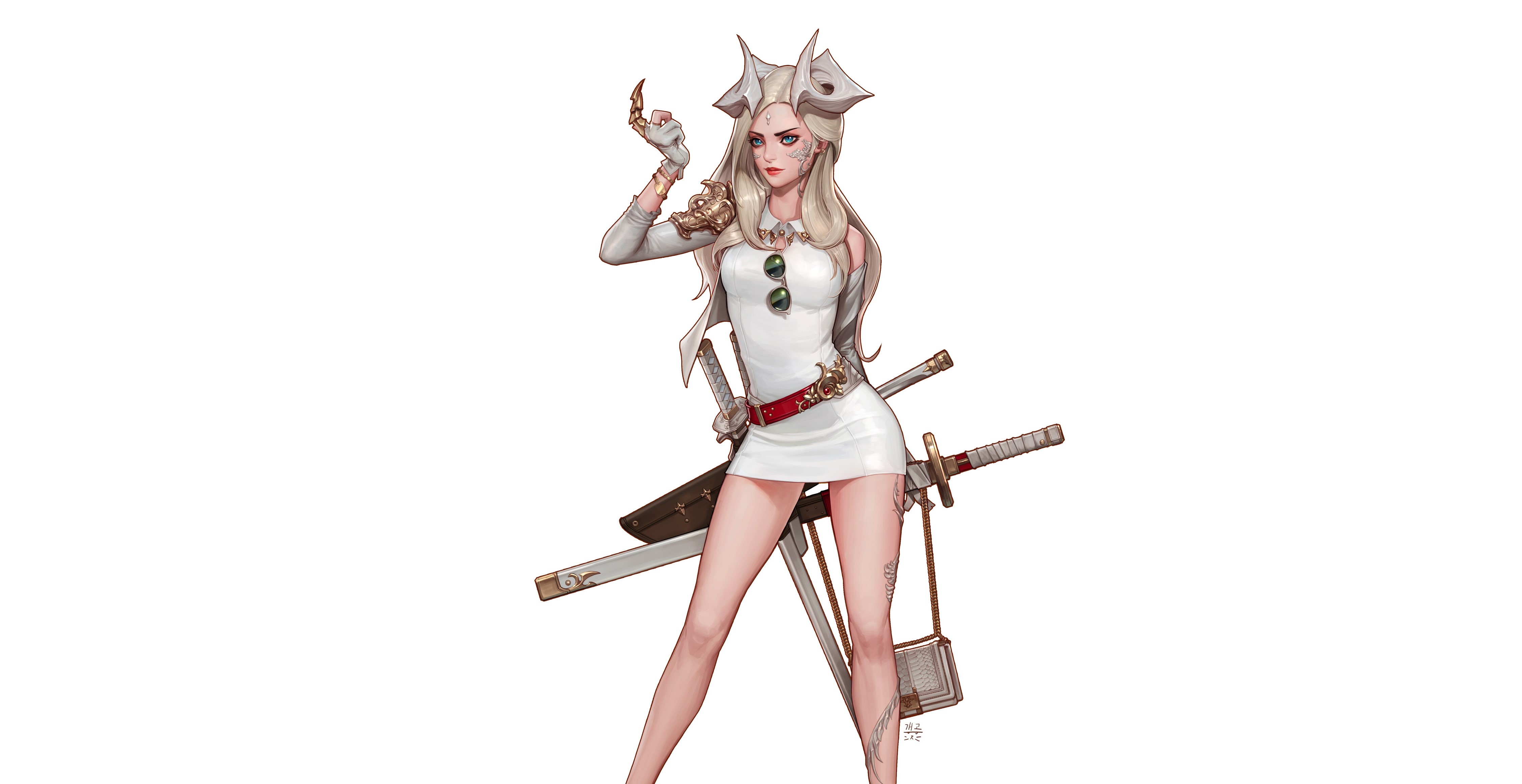 Fantasy girl with swords and white dress HD Wallpaper