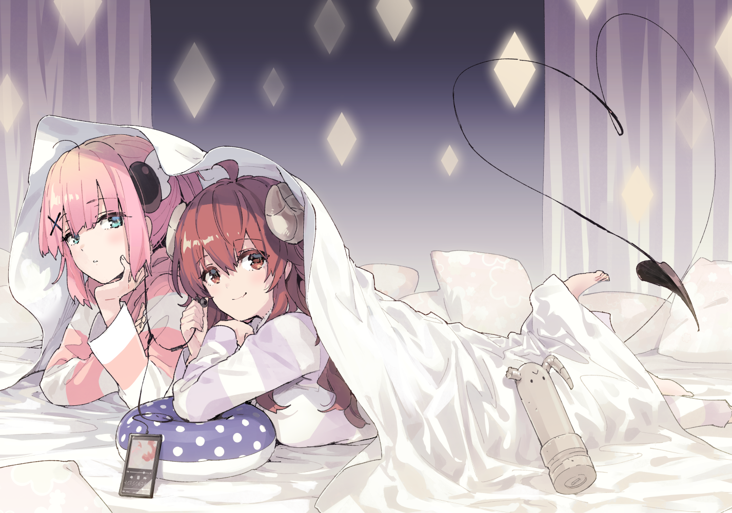 Momo Chiyoda and Yuuko Yoshida from Machikado Mazoku in bed HD Wallpaper