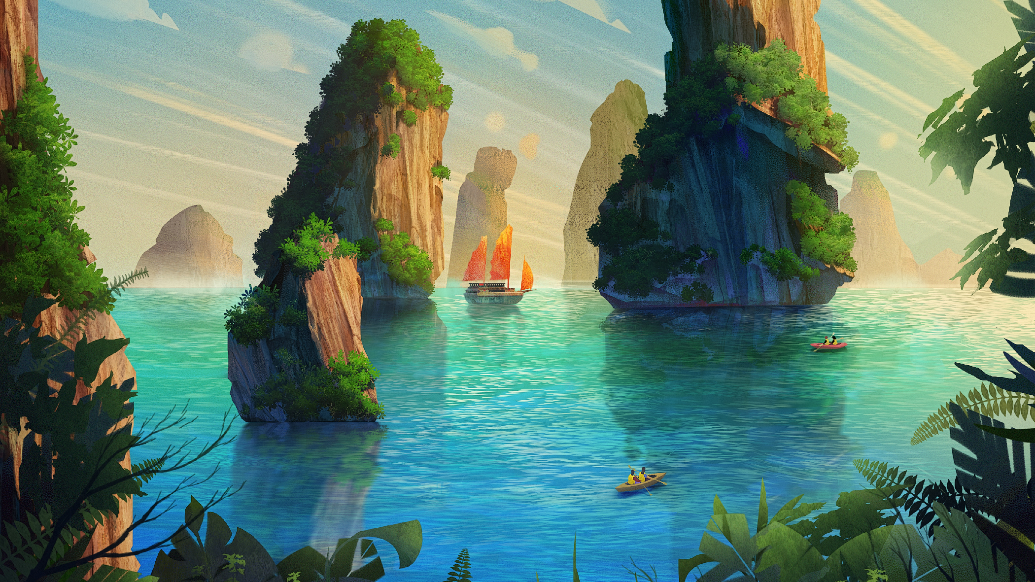 Sailboat and kayaks in a tropical bay with karst formations HD Wallpaper