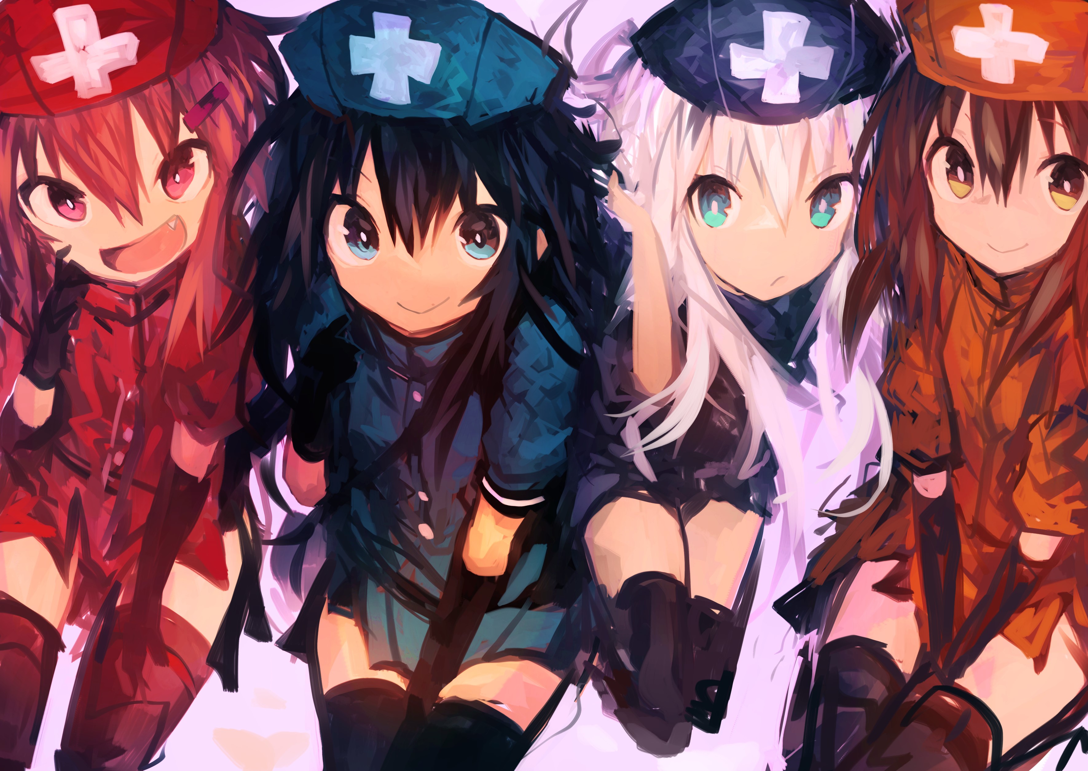 Four anime girls in nurse outfits with hats HD Wallpaper