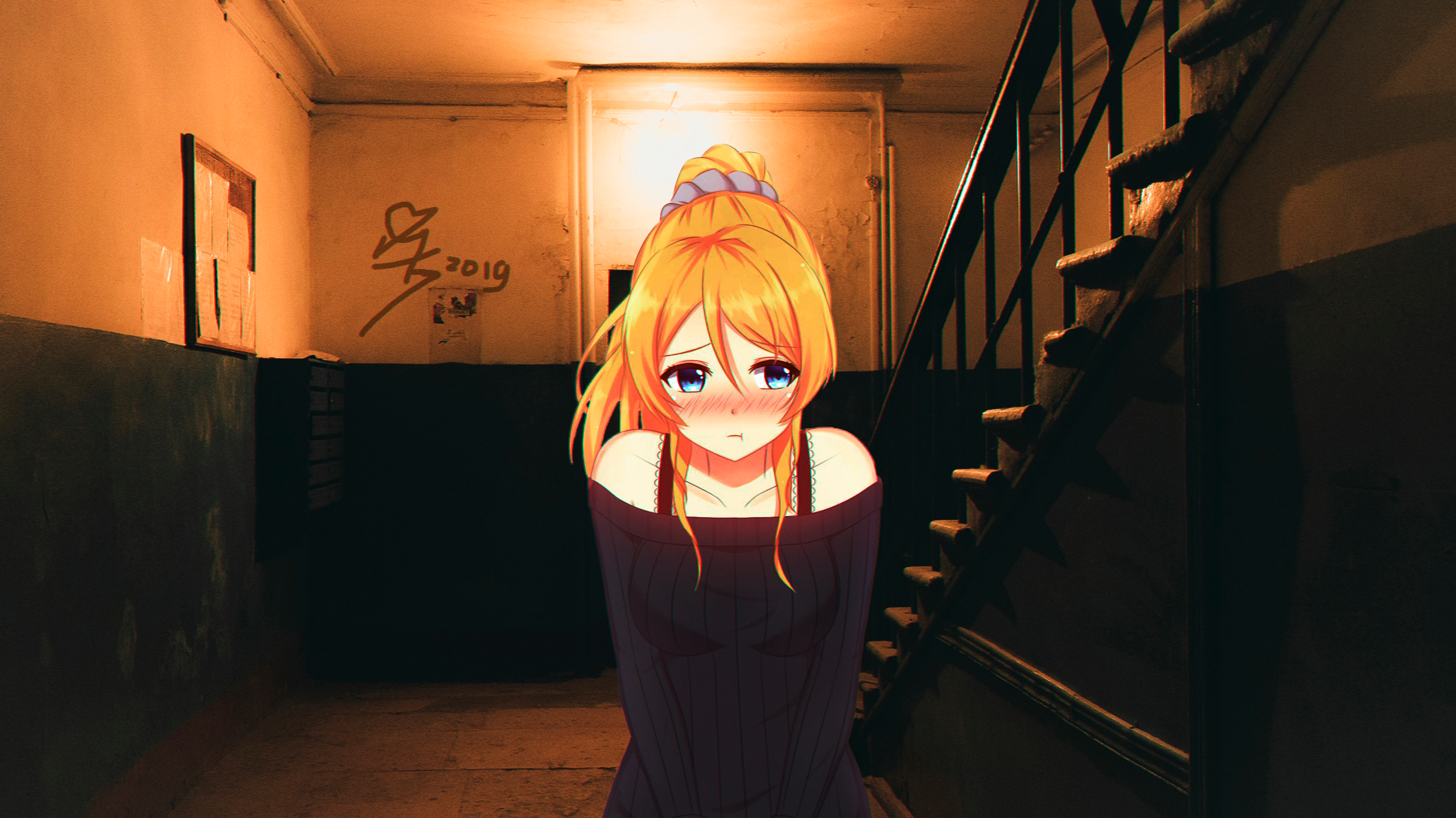 Ayase Eli from Love Live! Series shyly standing by stairs HD Wallpaper