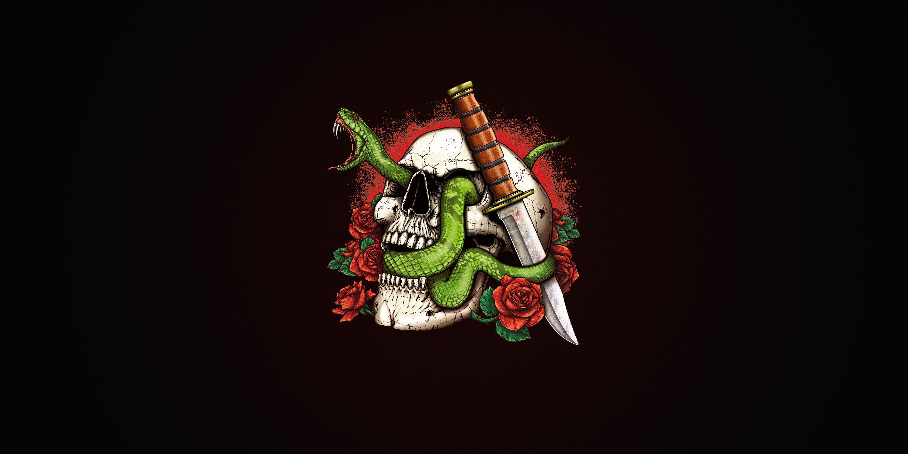 Skull with snake, knife, and roses artwork HD Wallpaper