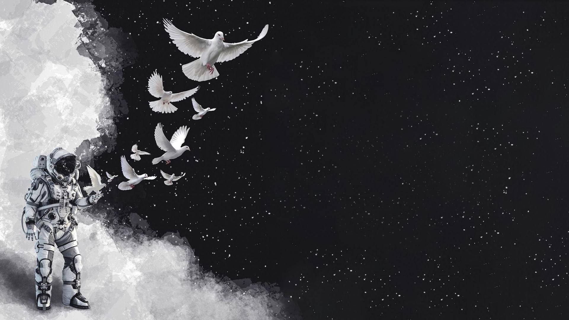 Astronaut releasing doves in space with stars HD Wallpaper