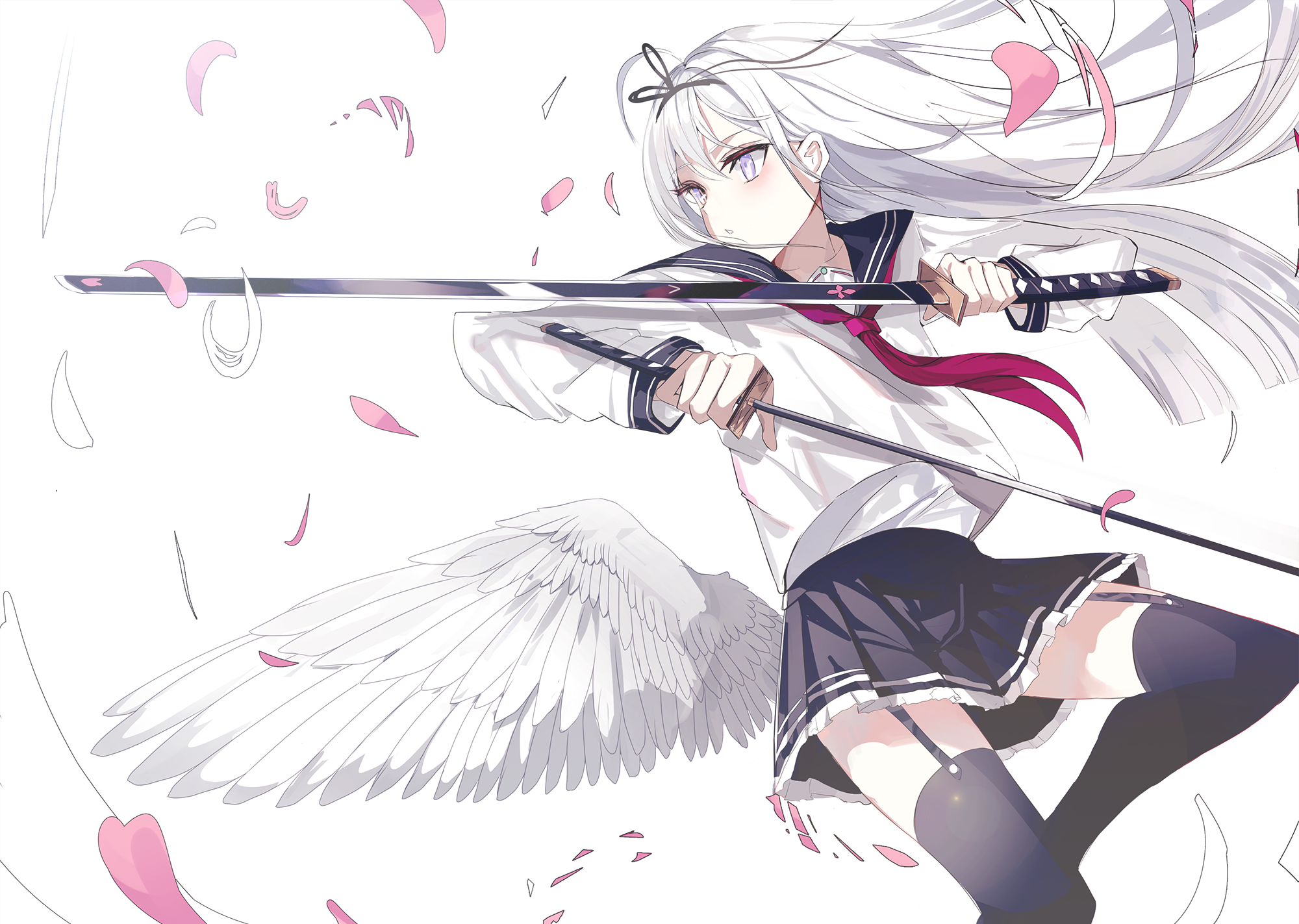 Anime girl with white hair and wings holding a sword HD Wallpaper