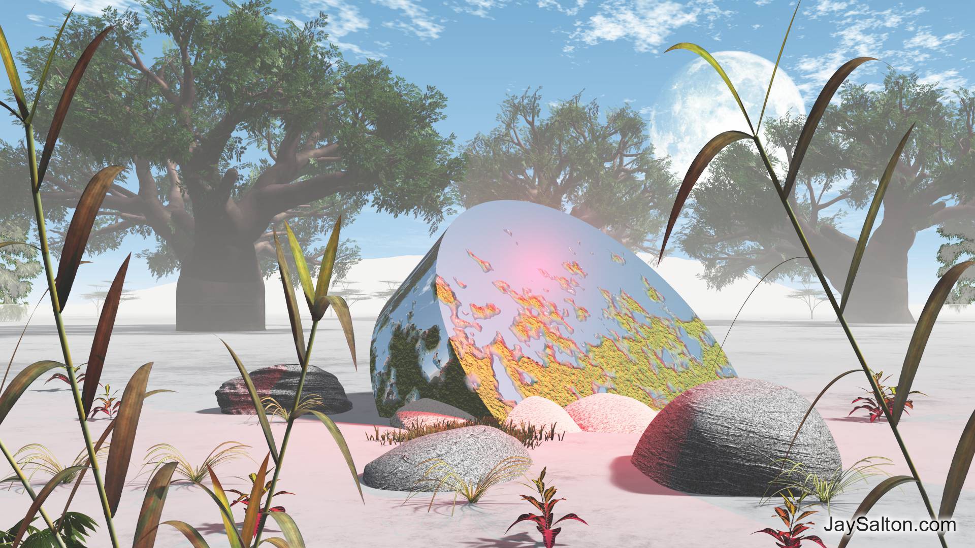 Alien landscape with baobab trees and a glowing rock HD Wallpaper