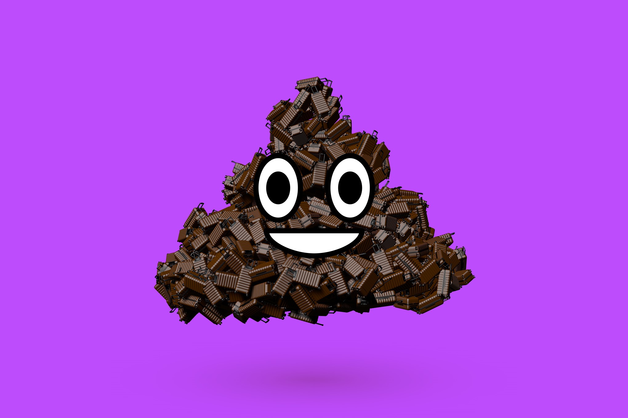 Poop emoji made of luggage on a purple background HD Wallpaper