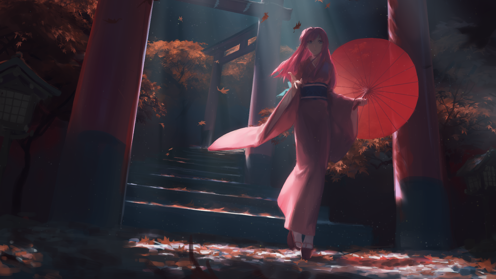 Anime girl in kimono with red umbrella under torii gates HD Wallpaper