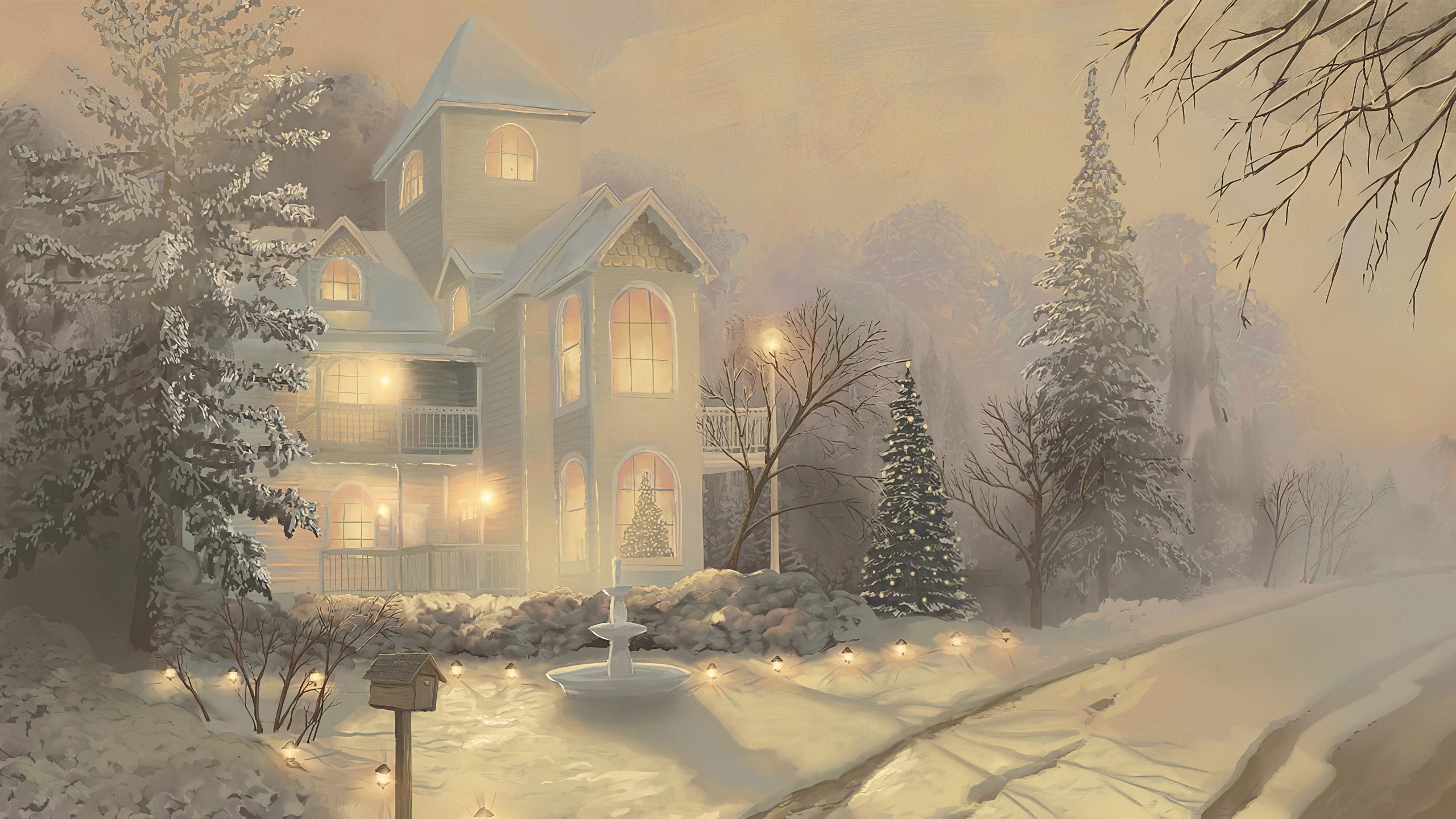Victorian house in a snowy landscape with Christmas decorations HD Wallpaper