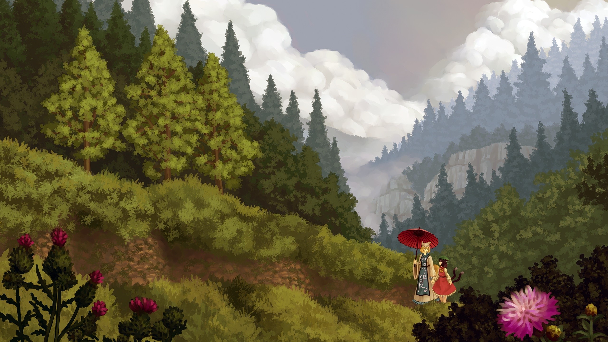 Touhou: Two women walking on a mountain path HD Wallpaper