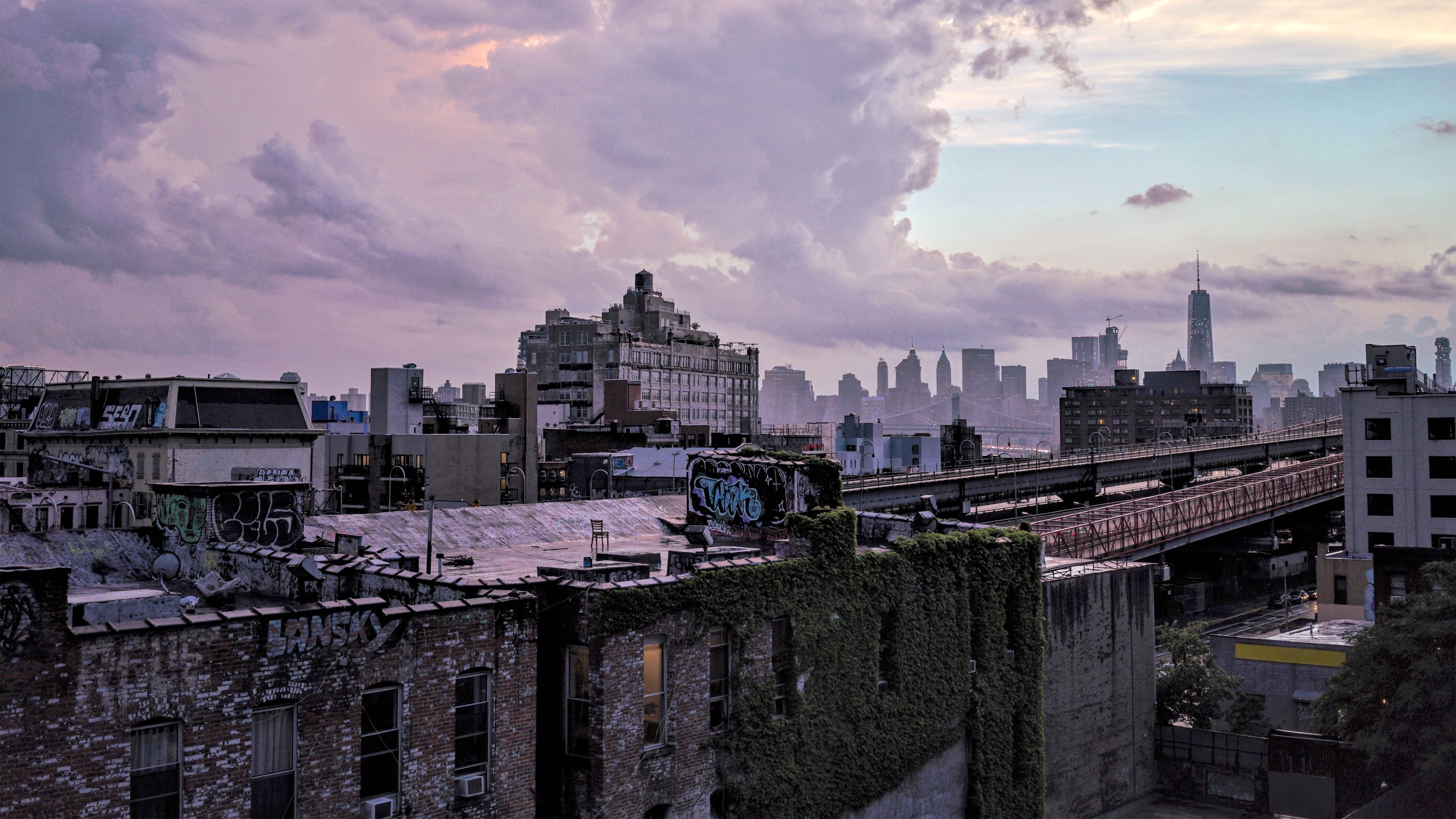 New York City skyline with graffiti rooftops and overcast sky HD Wallpaper