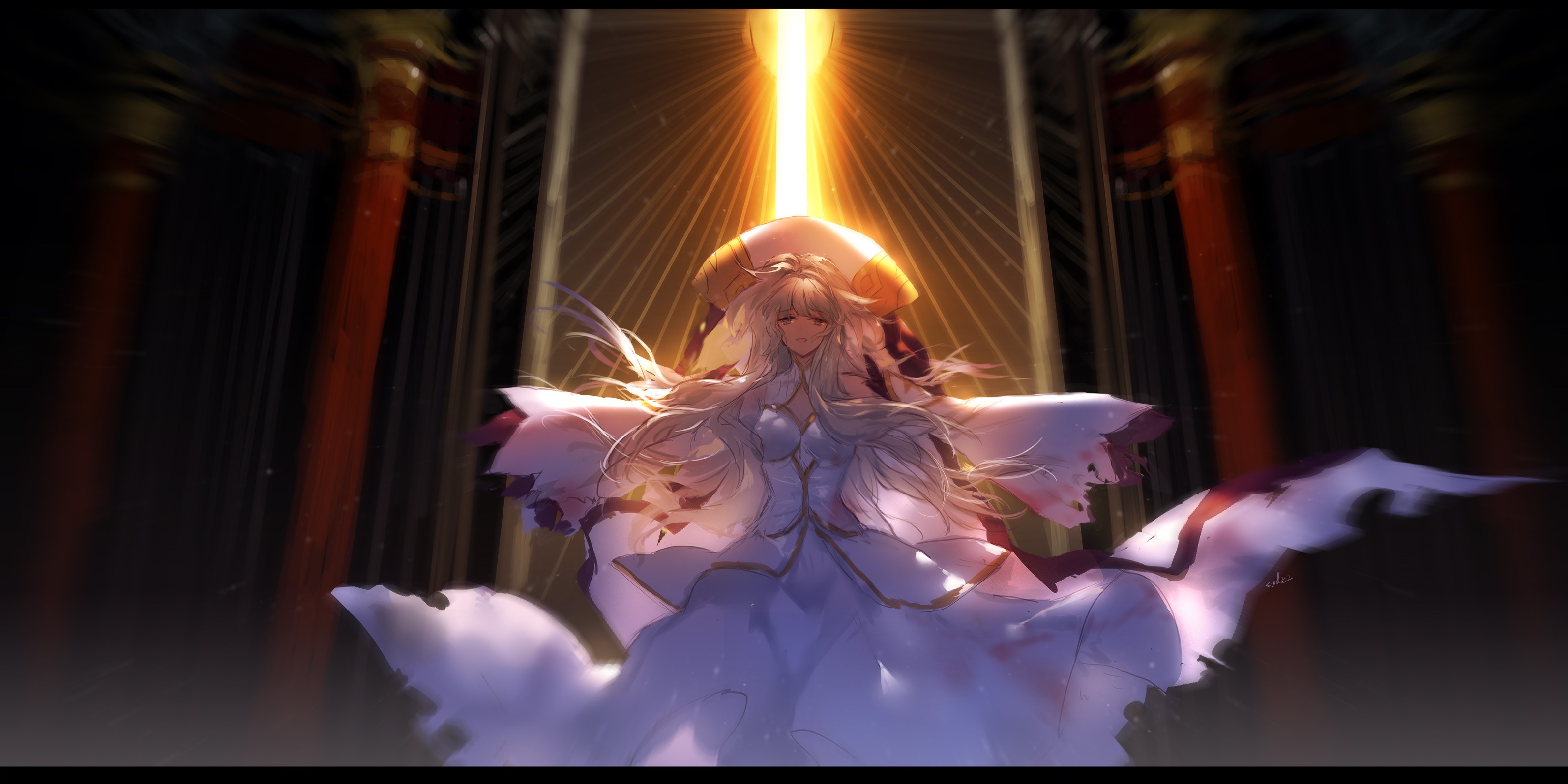 Anime girl in white dress with golden light HD Wallpaper