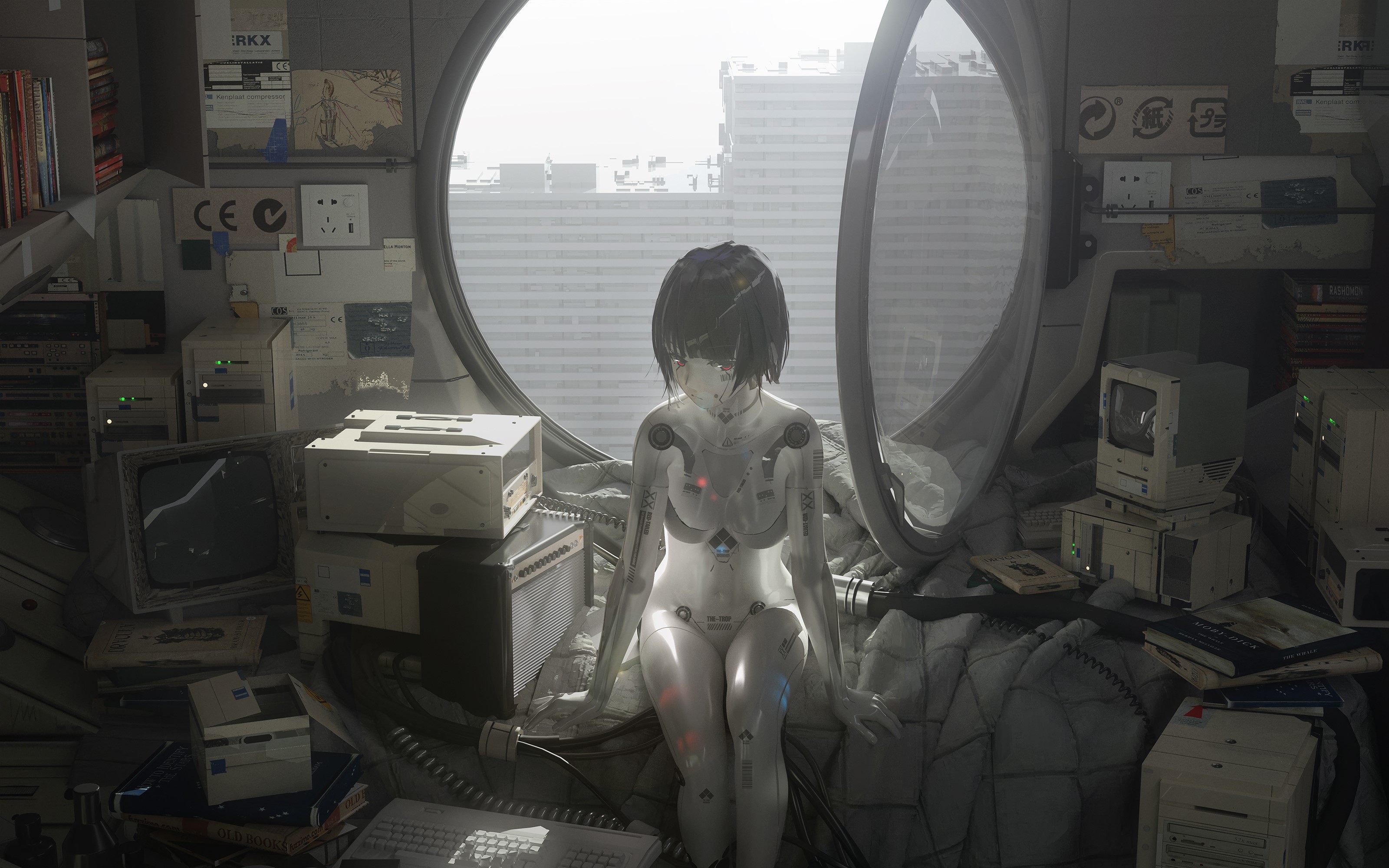 Gynoid with retro computers by a window HD Wallpaper