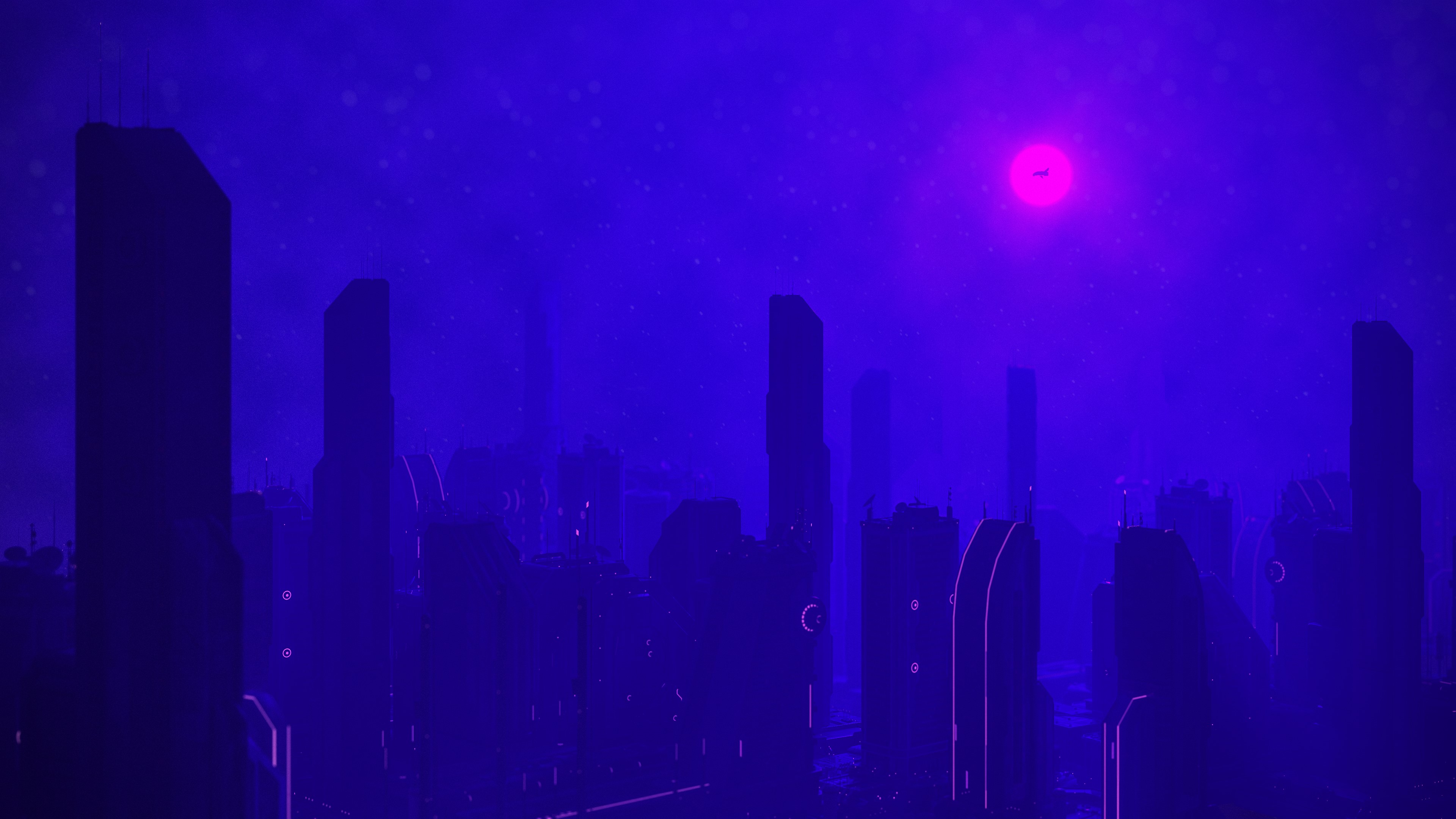 Neon City Skyline at Night with Pink Moon HD Wallpaper
