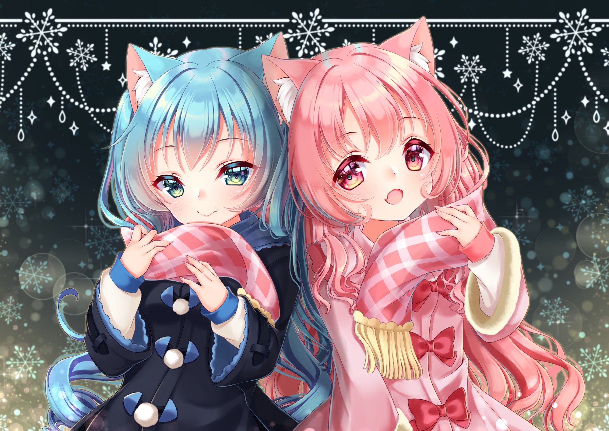 Two anime girls with neko ears and scarves HD Wallpaper