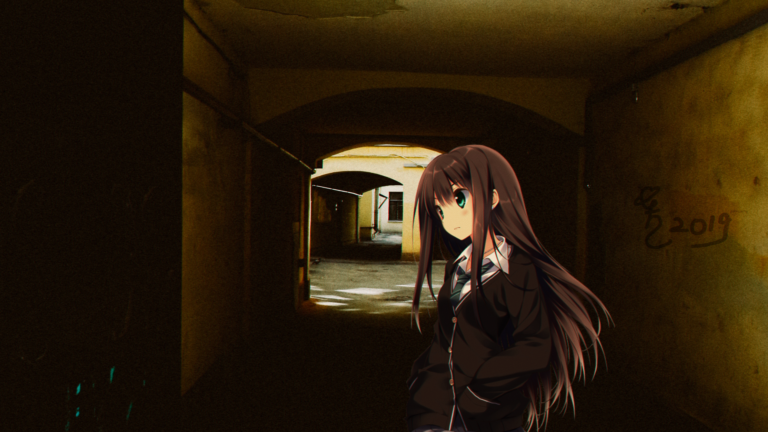 Anime girl in a dark alleyway HD Wallpaper