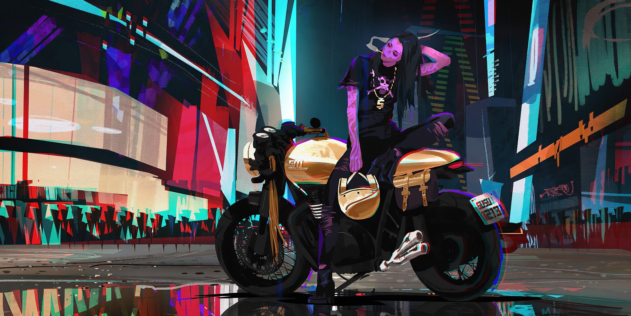 Woman with purple skin on a golden motorcycle in a neon cityscape HD Wallpaper