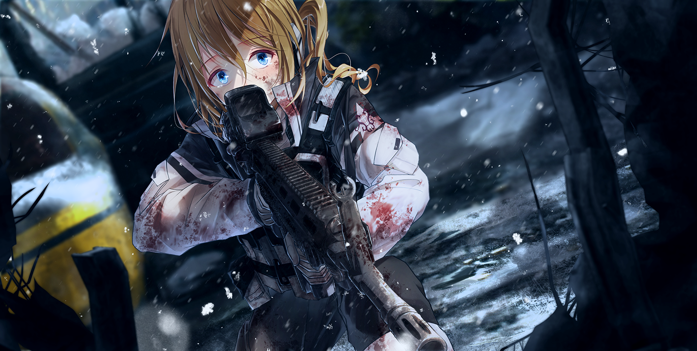 Anime girl with rifle in a war-torn environment HD Wallpaper