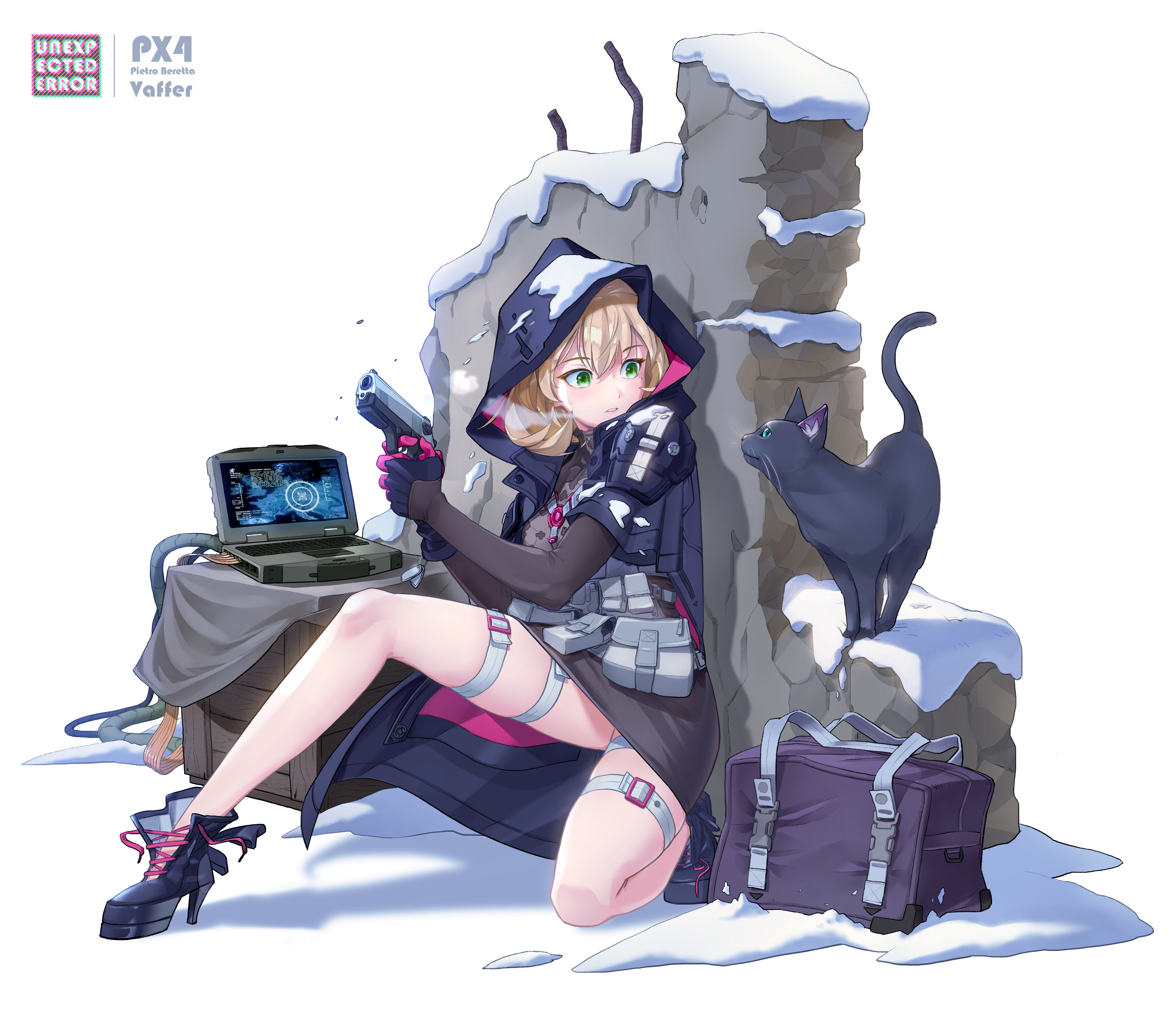 Anime girl with gun and laptop in snow HD Wallpaper