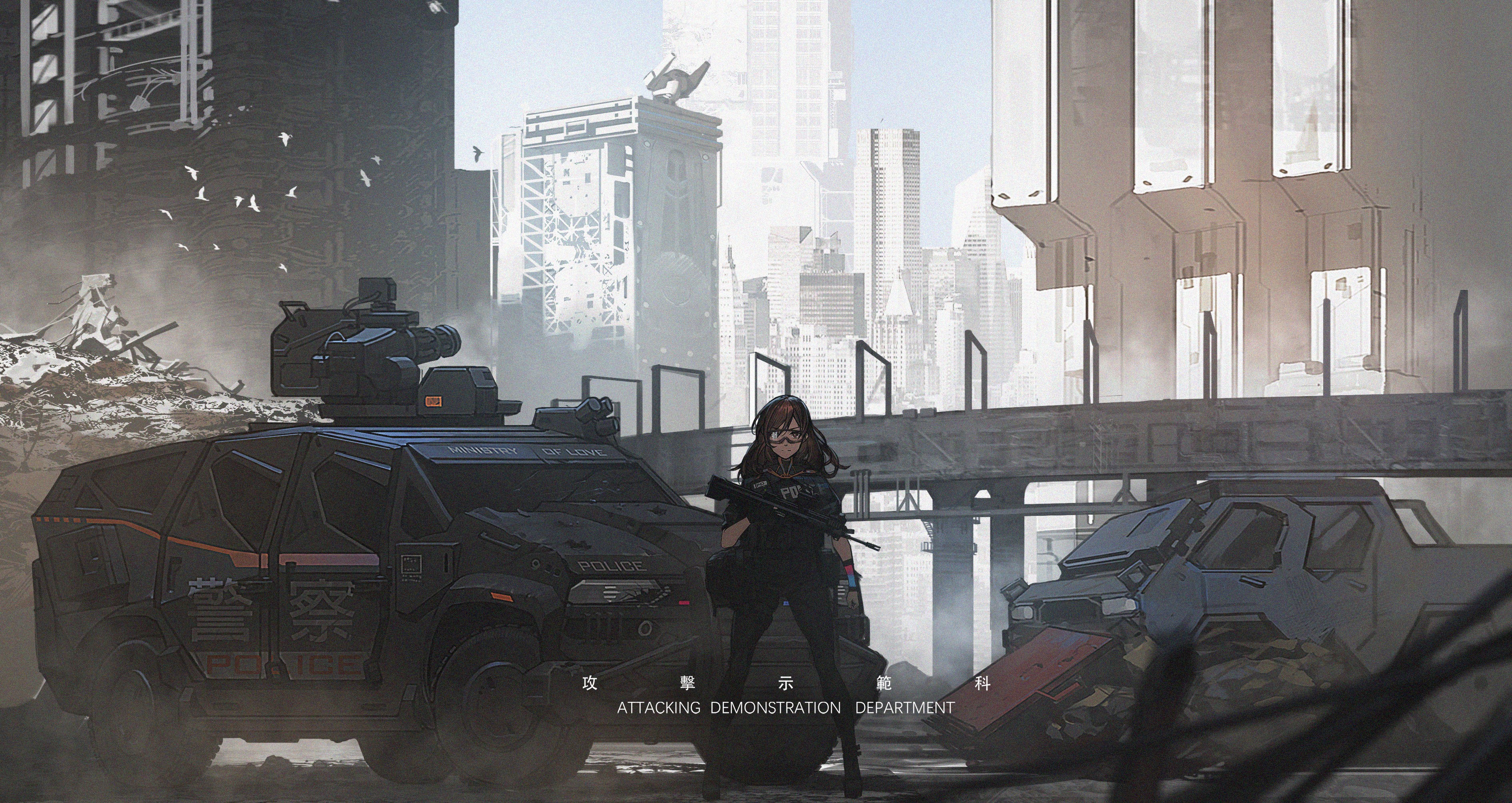 Anime girl with rifle and armored vehicle in ruined city HD Wallpaper
