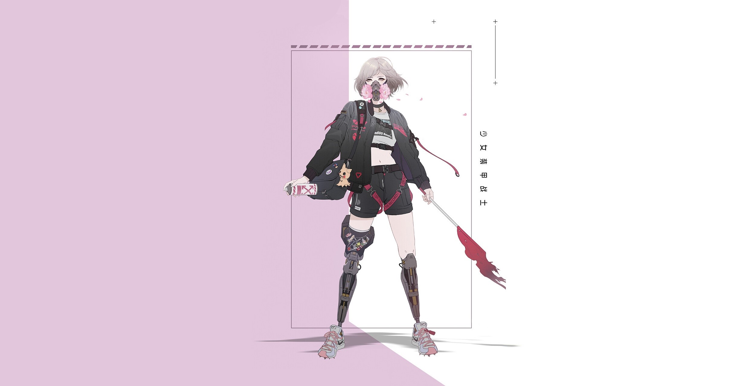Anime girl with cyberpunk prosthetic legs and mask HD Wallpaper