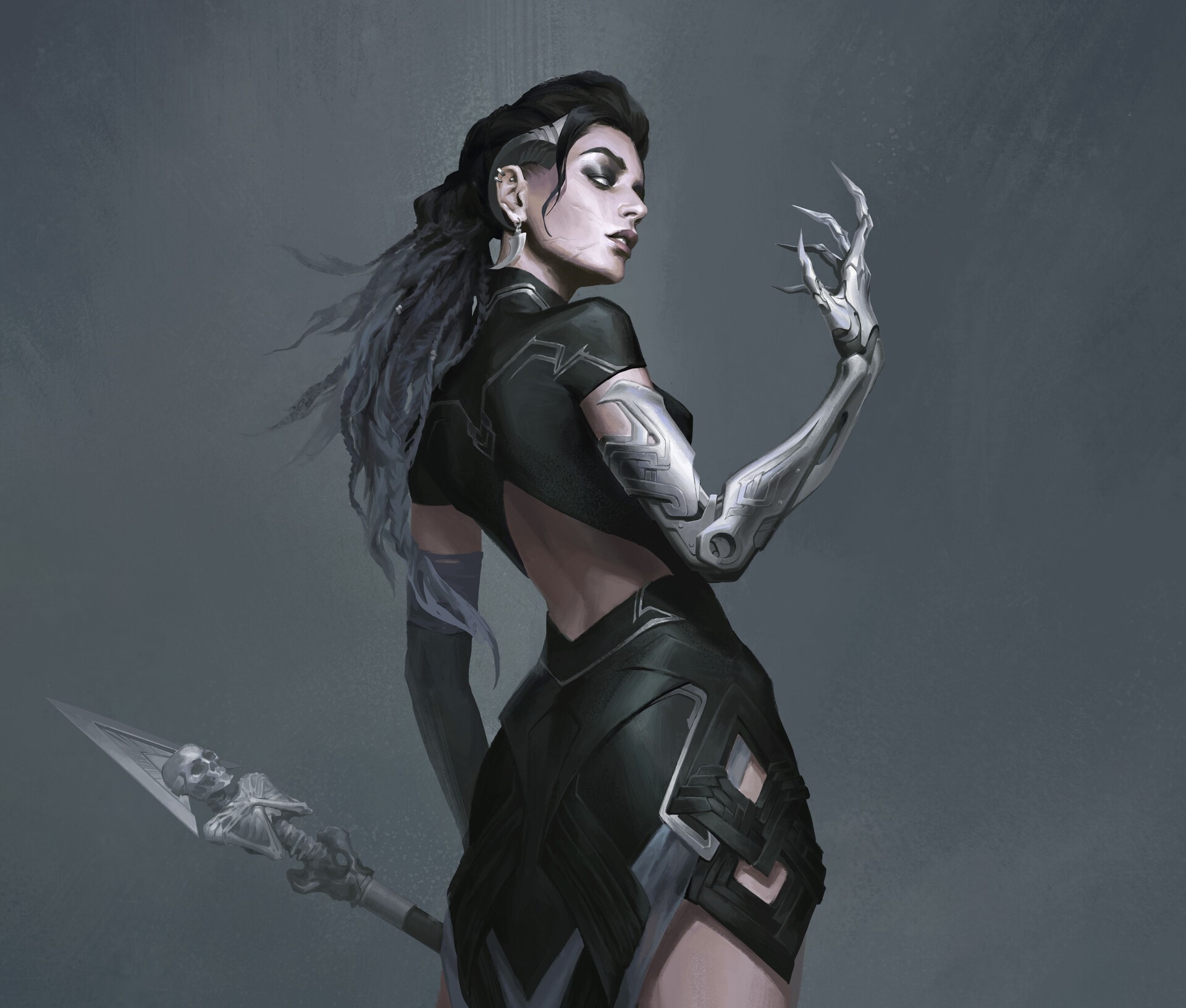 Fantasy woman with mechanical arm and spear HD Wallpaper