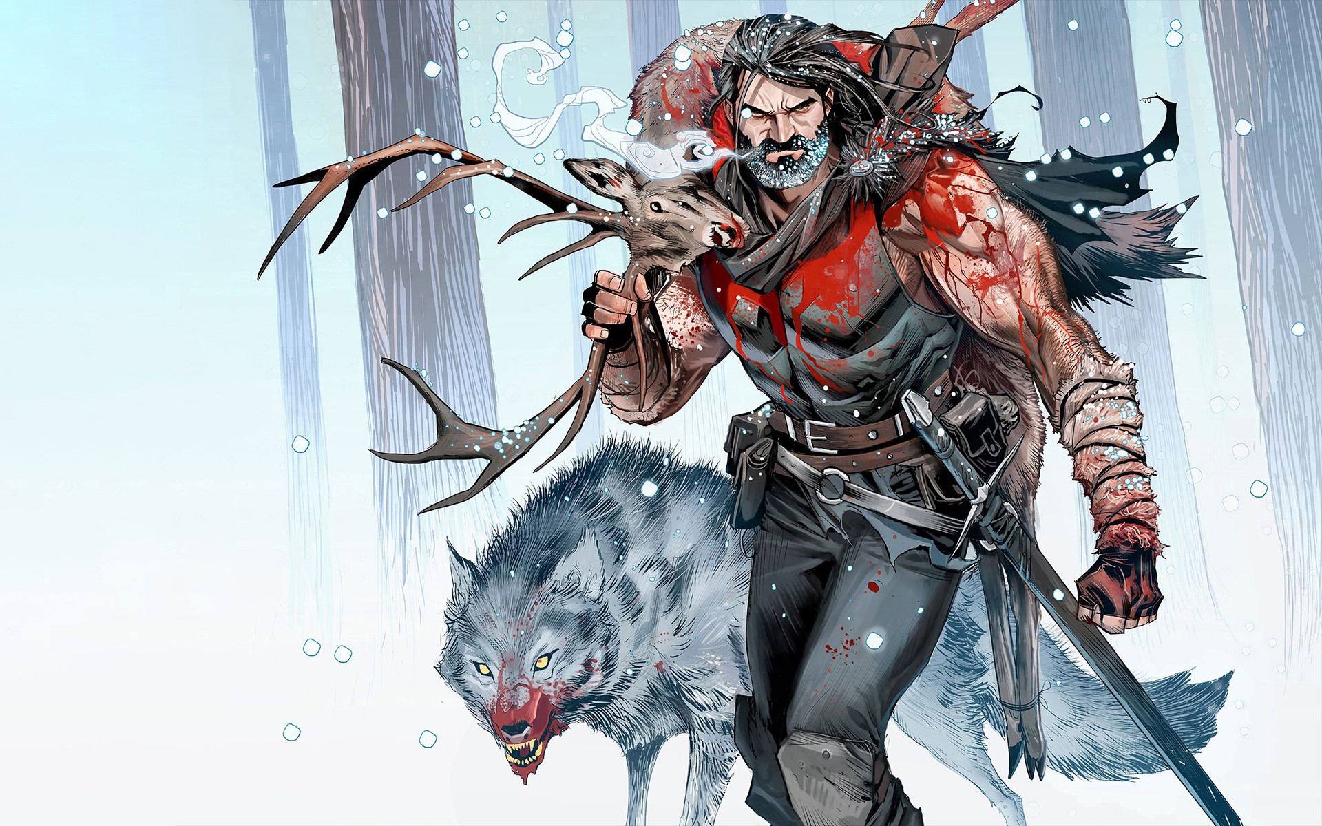 Man with deer and wolf in snowy forest HD Wallpaper