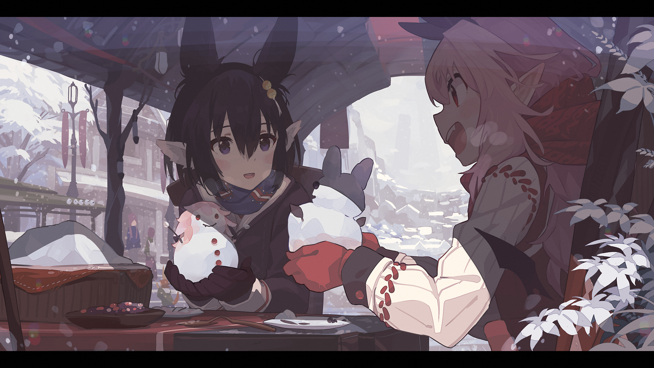 Two anime girls making snowmen in a snowy village HD Wallpaper