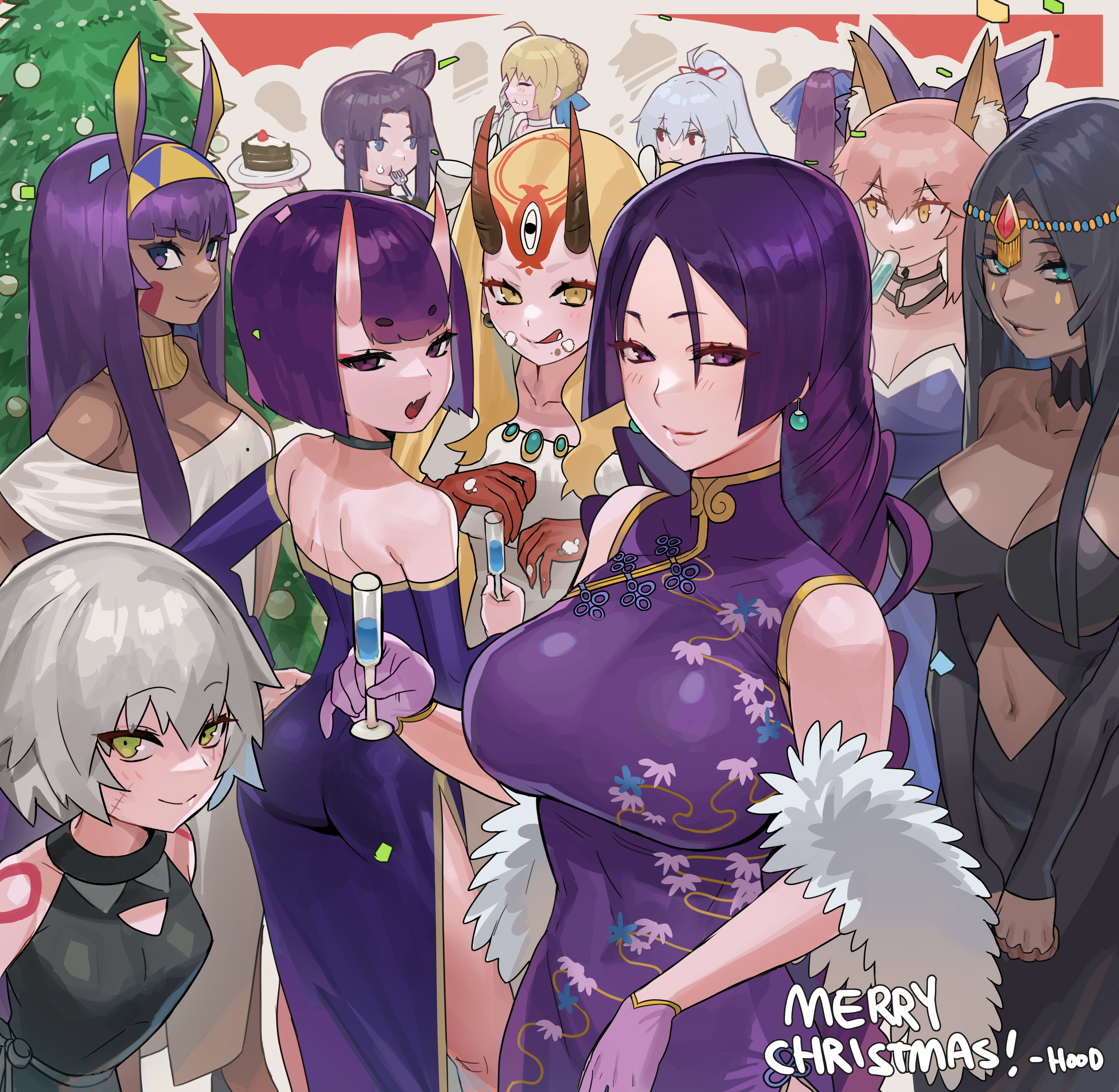 Anime girls in festive attire with Christmas tree HD Wallpaper