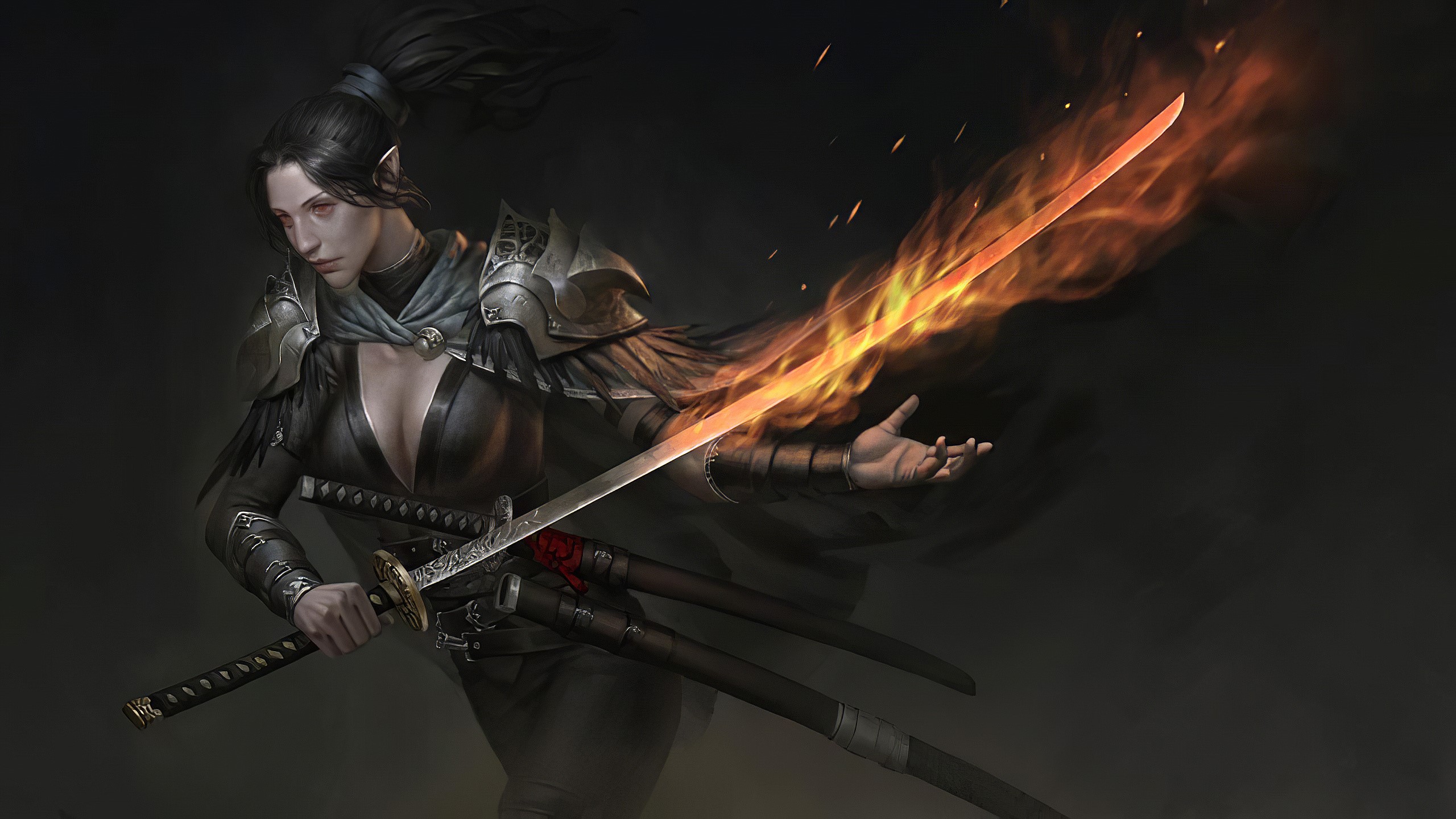 Elf warrior with flaming katana HD Wallpaper