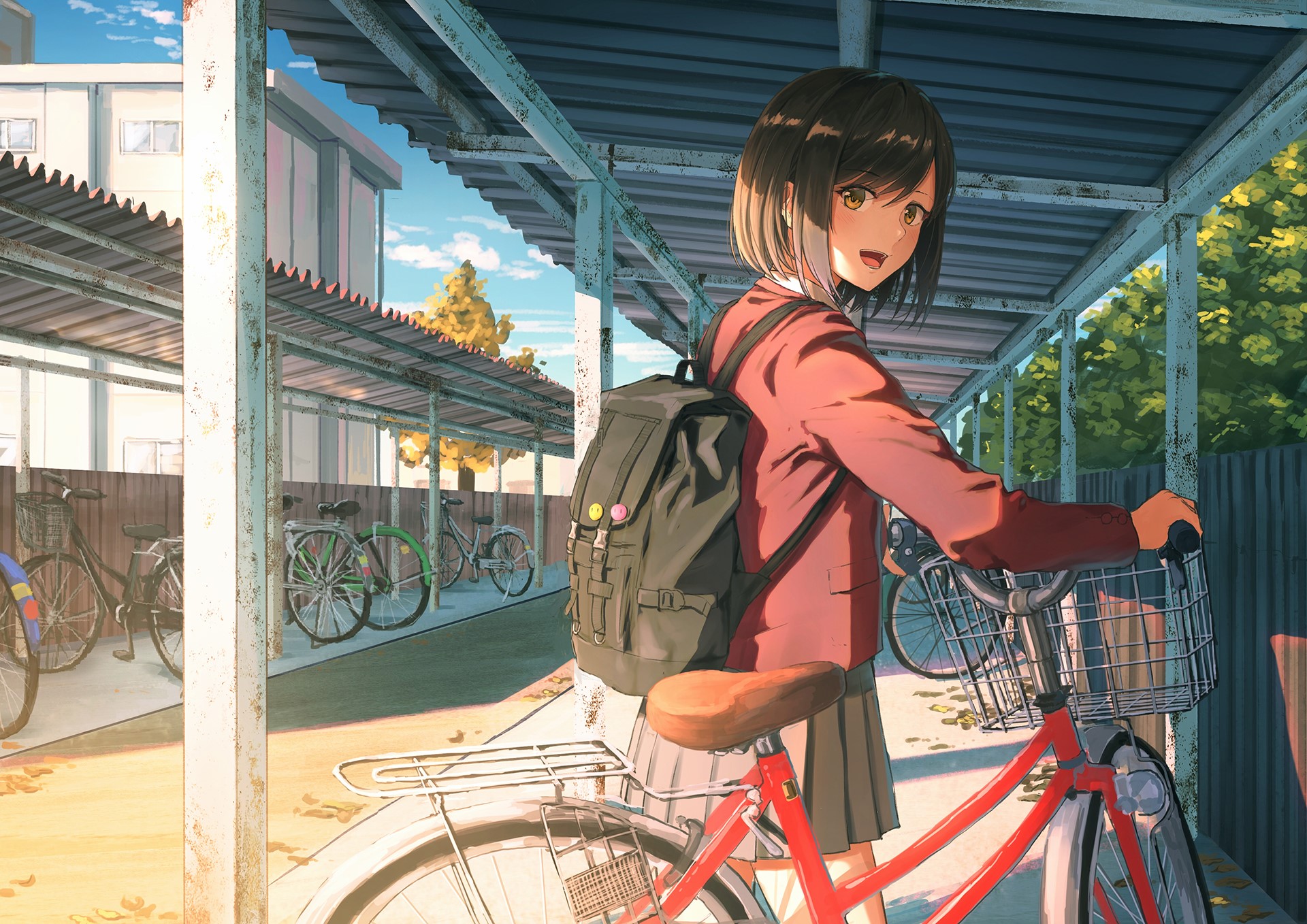 Anime girl with backpack and bicycle at school HD Wallpaper
