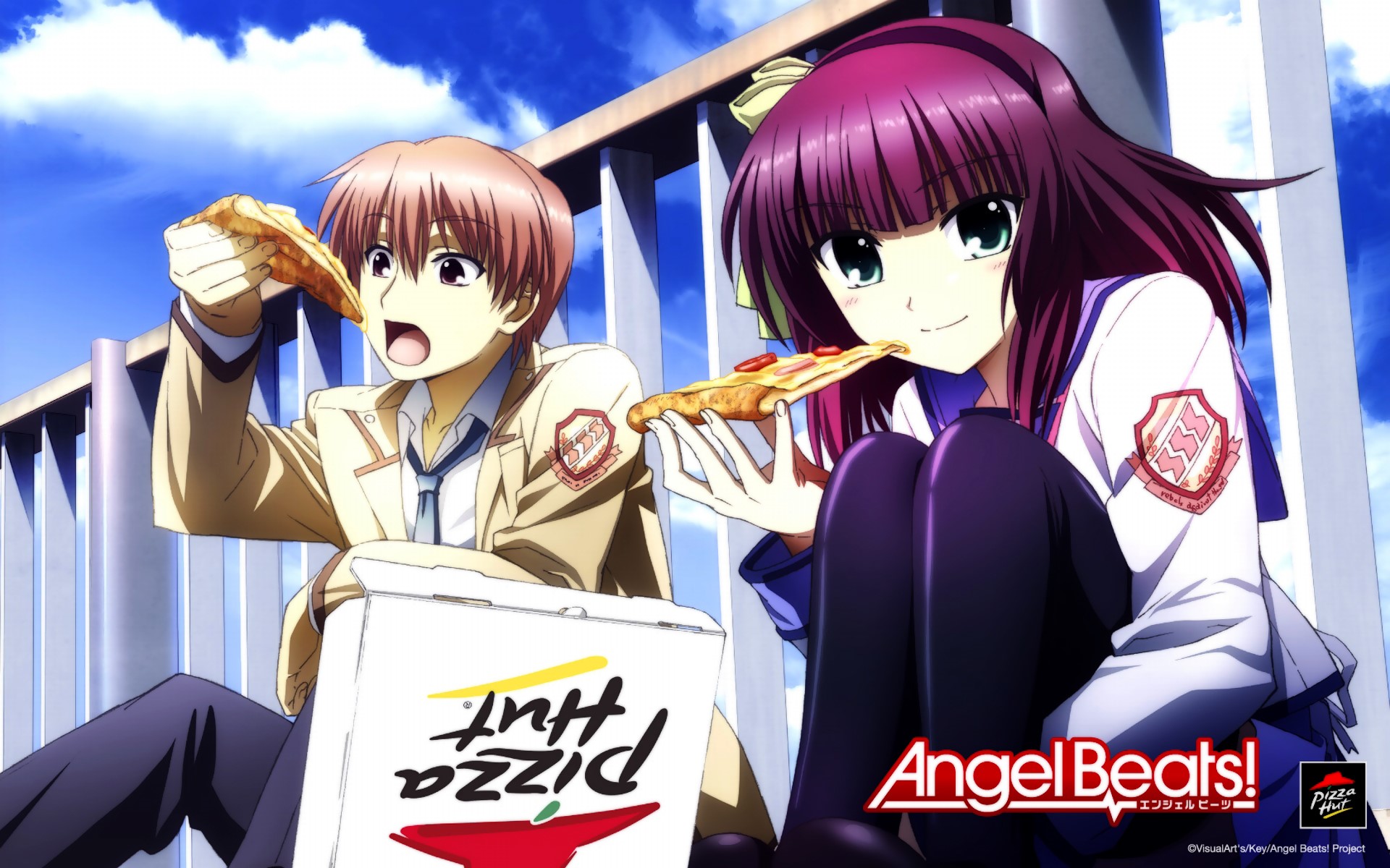 Angel Beats! Otonashi Yuzuru and Nakamura Yuri eating Pizza Hut HD Wallpaper